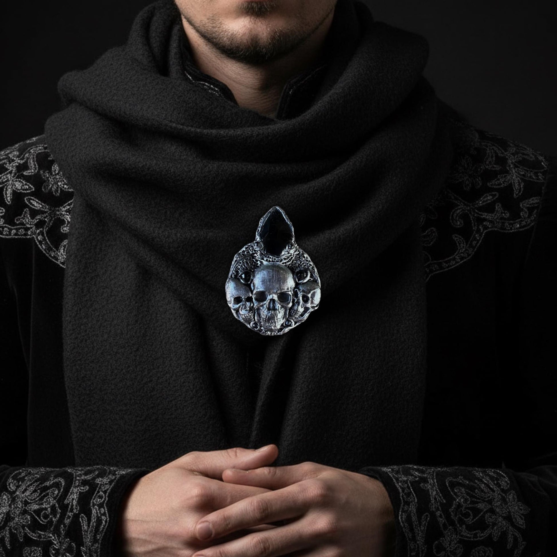 Gothic Skull Obsidian Large Brooch | Dark Statement Jewelry