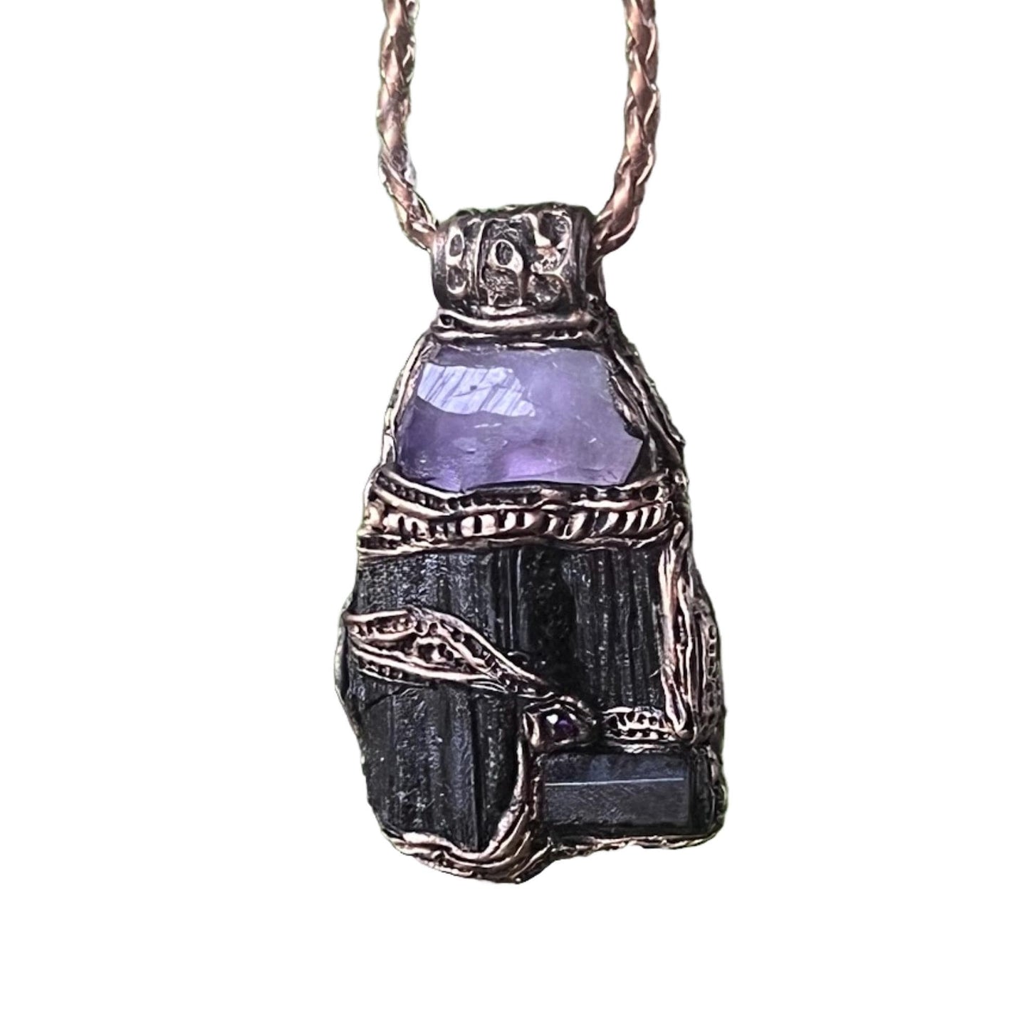 Raw Amethyst and Black Tourmaline Protection Amulet necklace