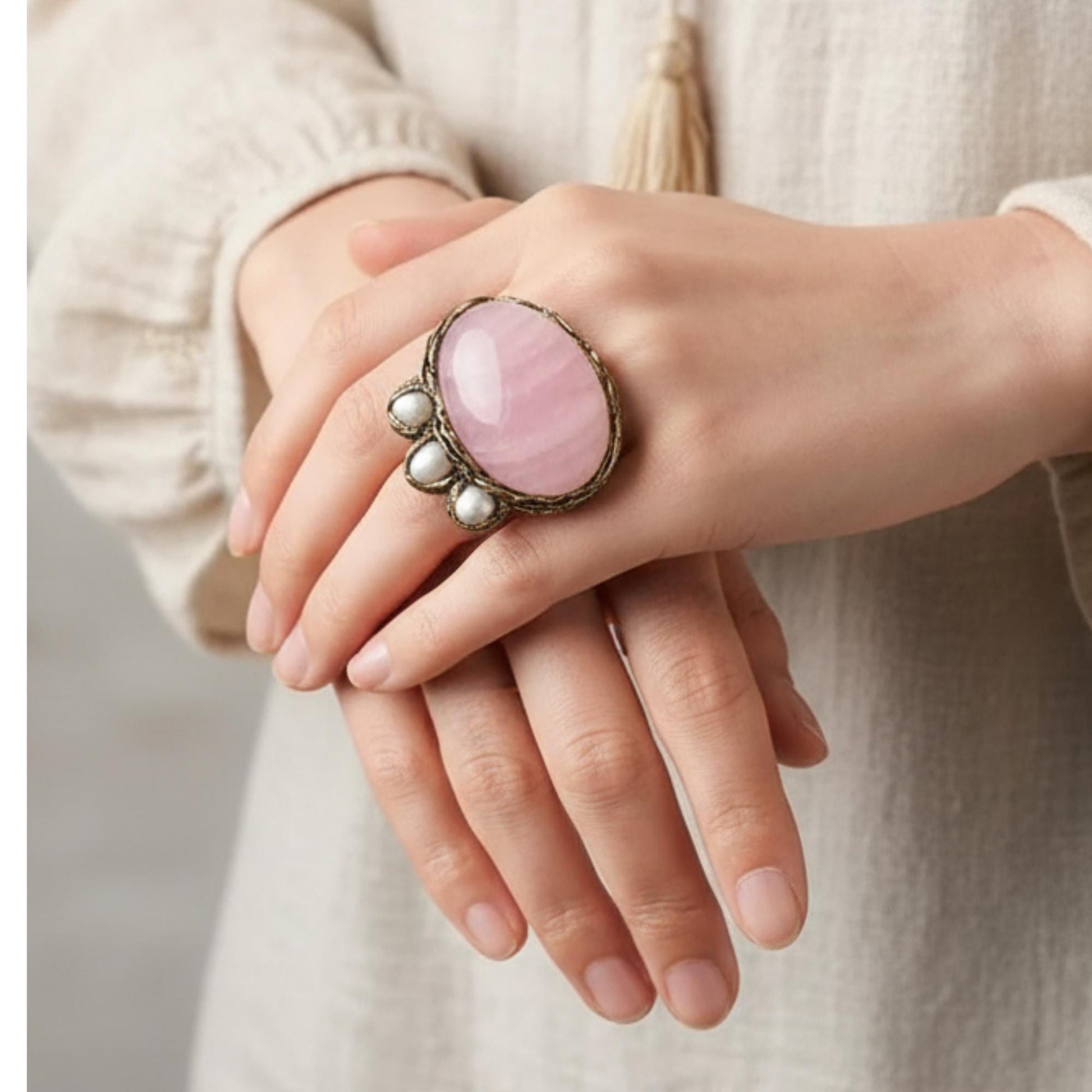 Rose Quartz Chunky Cocktail Ring with Pearls - Adjustable Boho Ring