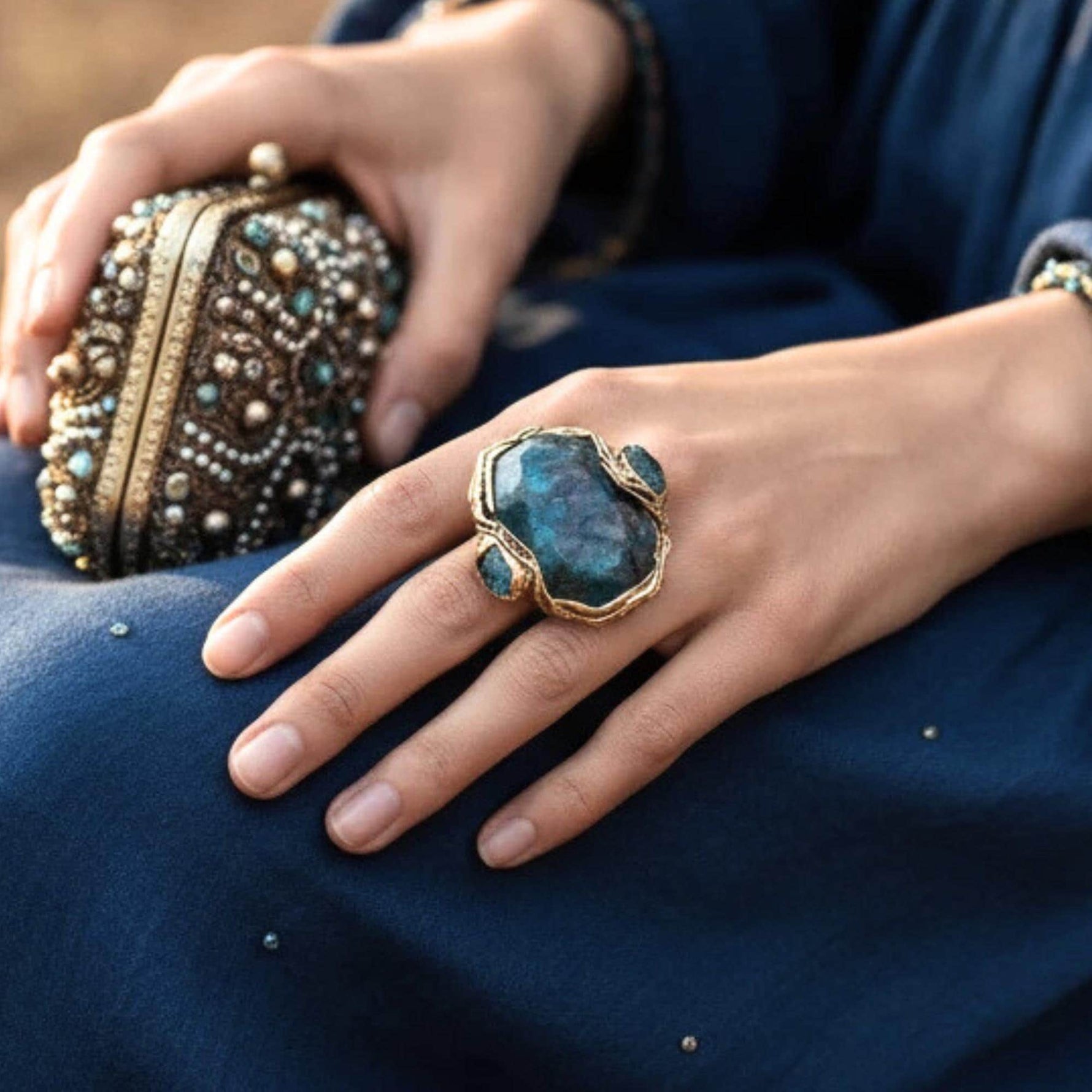 Apatite Raw Crystal Chunky Ring, Blue Stone Cocktail Ring