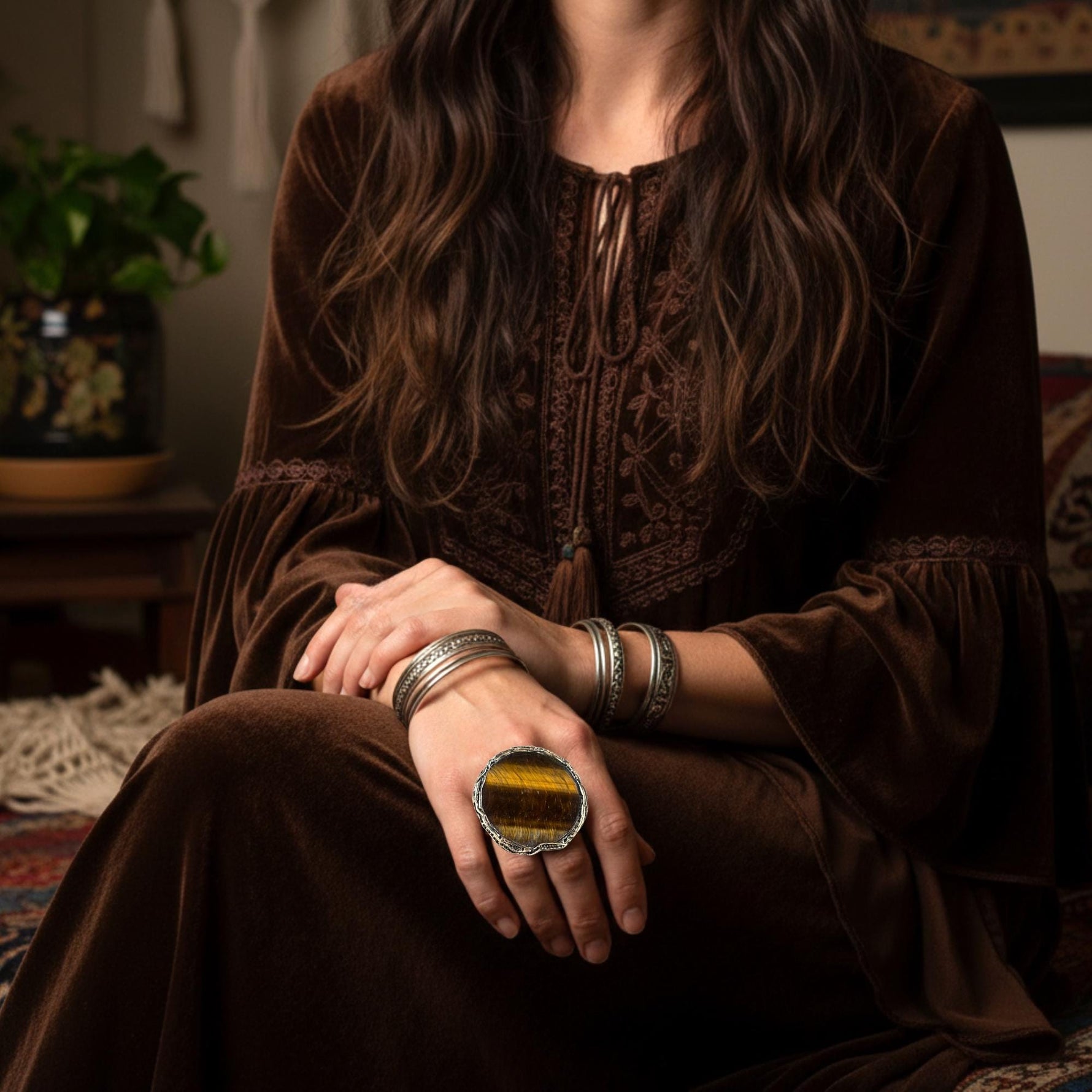 Statement Tiger Eye Ring - Chunky Round Big Gemstone Cocktail Ring