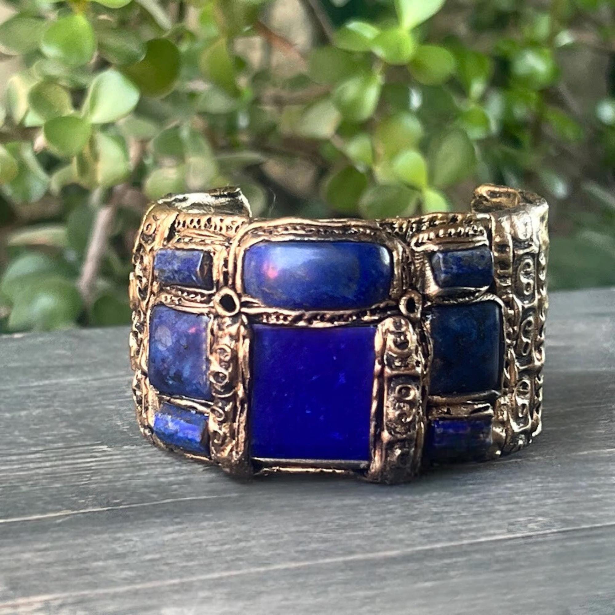 Lapis Lazuli and Sodalite Wide Bracelet -  Statement Blue Gemstone Cuff