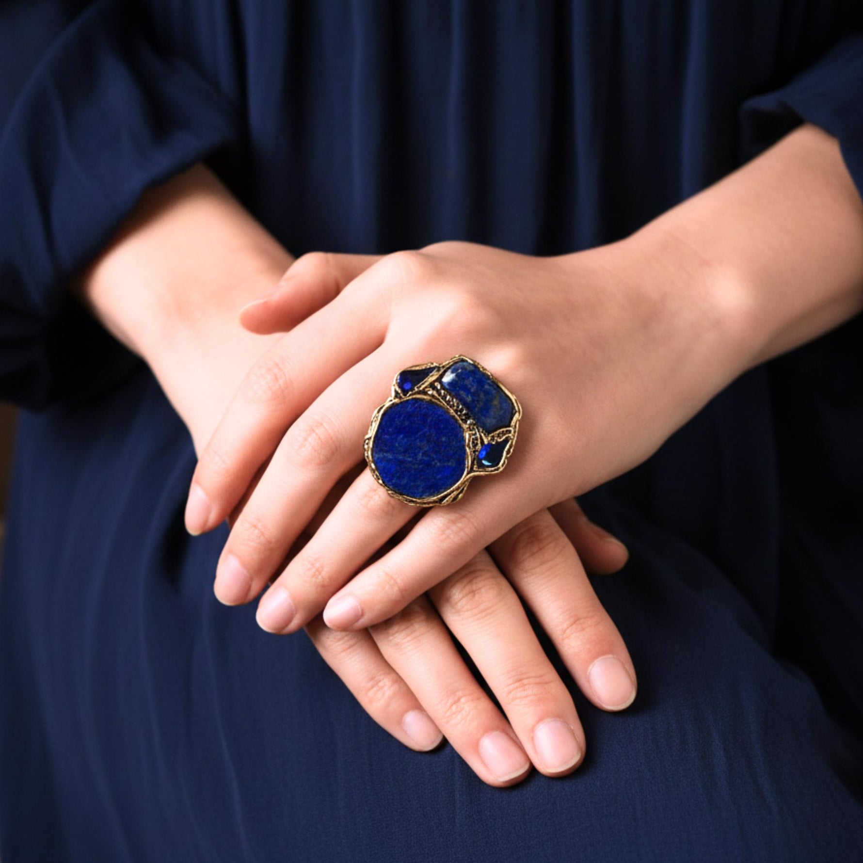 Lapis Lazuli and Sodalite Wide Bracelet -  Statement Blue Gemstone Cuff