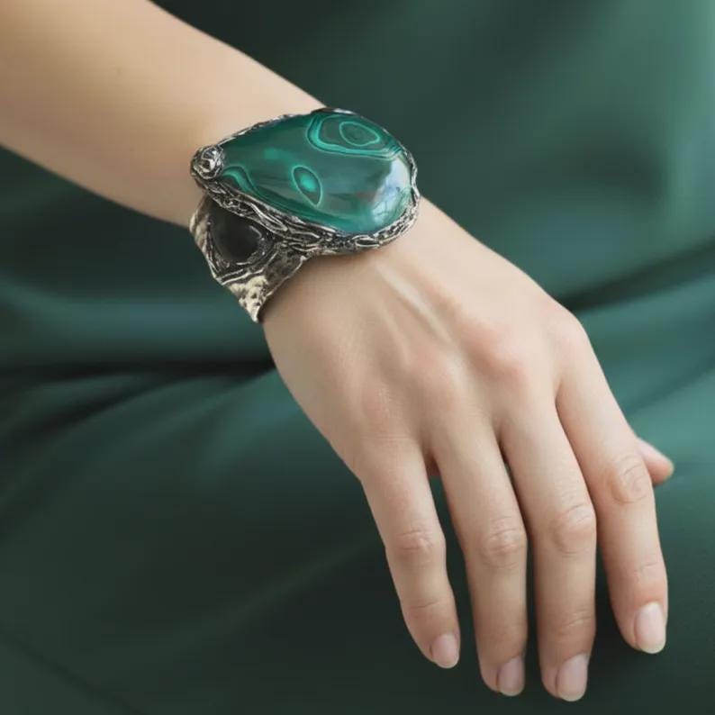 Malachite and Jade Green Large Stone Amulet Necklace