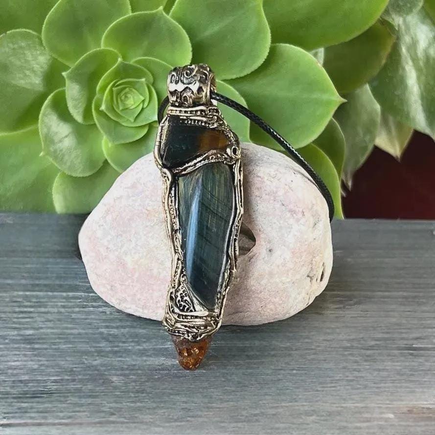 Tigers Eye and Citrine Pendant Necklace - Crystal Amulet
