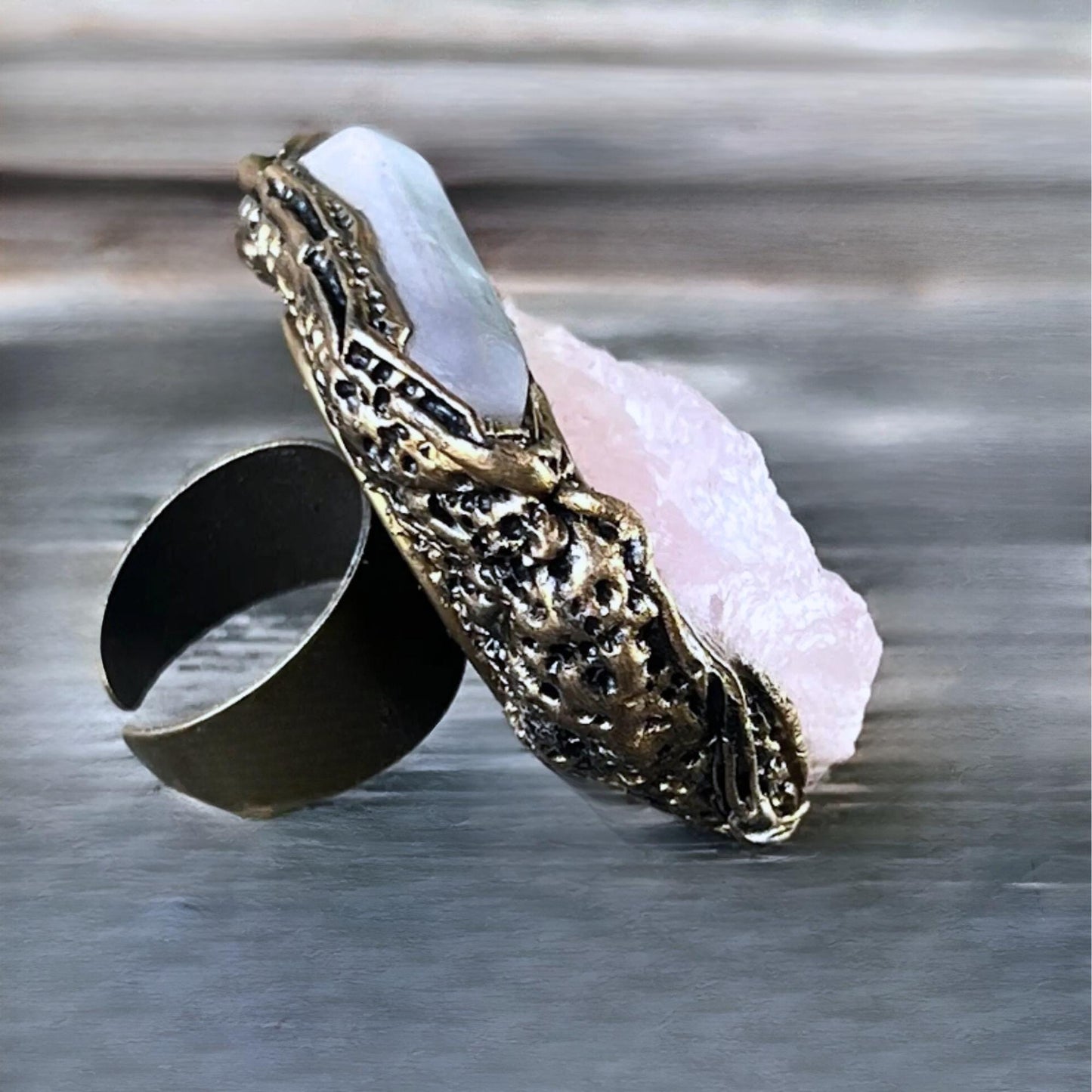 Raw Rose Quartz Oversized Ring -  Chunky Pink Crystal Statement Cocktail Ring
