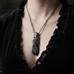 Black Kyanite and Amethyst Skull Pendant Necklace – Gothic Protection Crystal Amulet