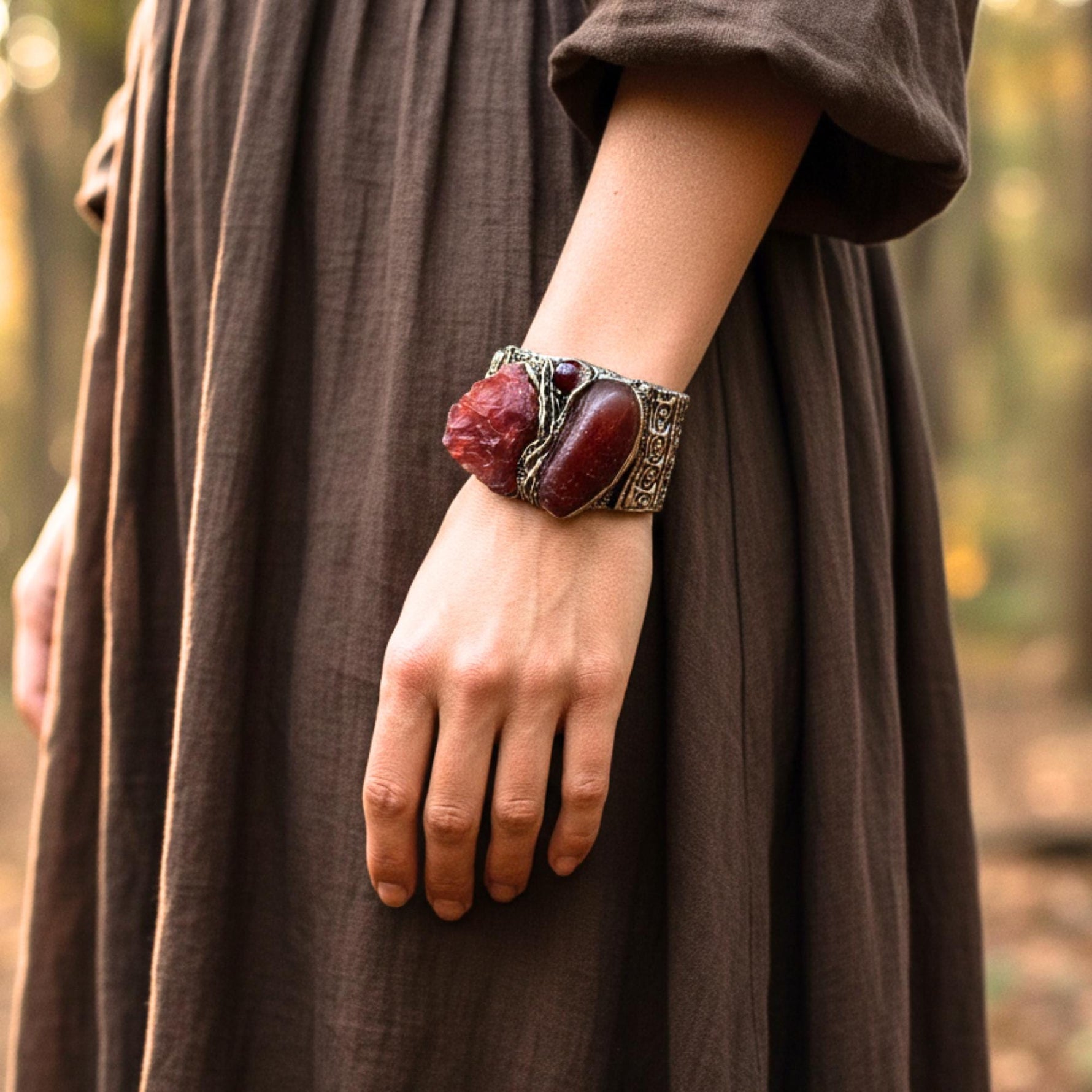 Carnelian Gemstone Raw Crystal Bracelet, Chunky Boho Cuff Bracelet