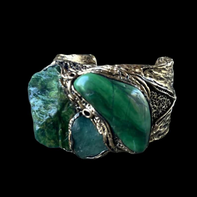 Buddstone and Aventurine Wide Cuff - Green Stone Statement Bracelet
