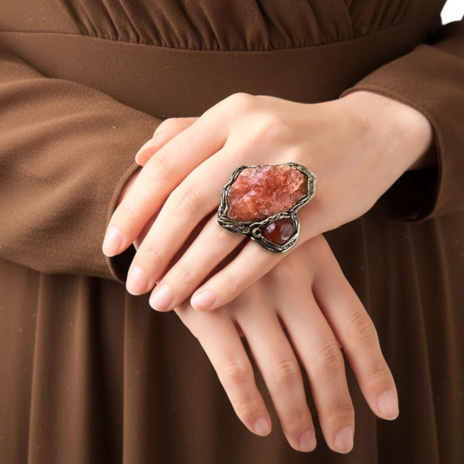 Chunky Orange Calcite and Carnelian Crystal Ring -  Bold Oversized Gemstone Statement Jewelry