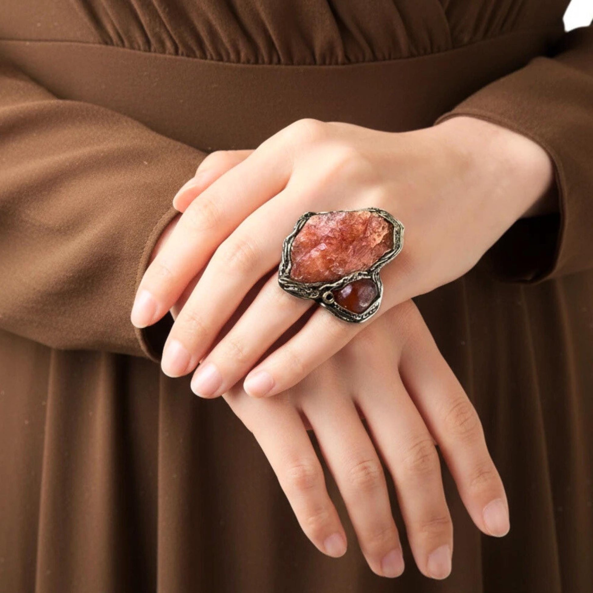 Chunky Orange Calcite and Carnelian Crystal Ring -  Bold Oversized Gemstone Statement Jewelry