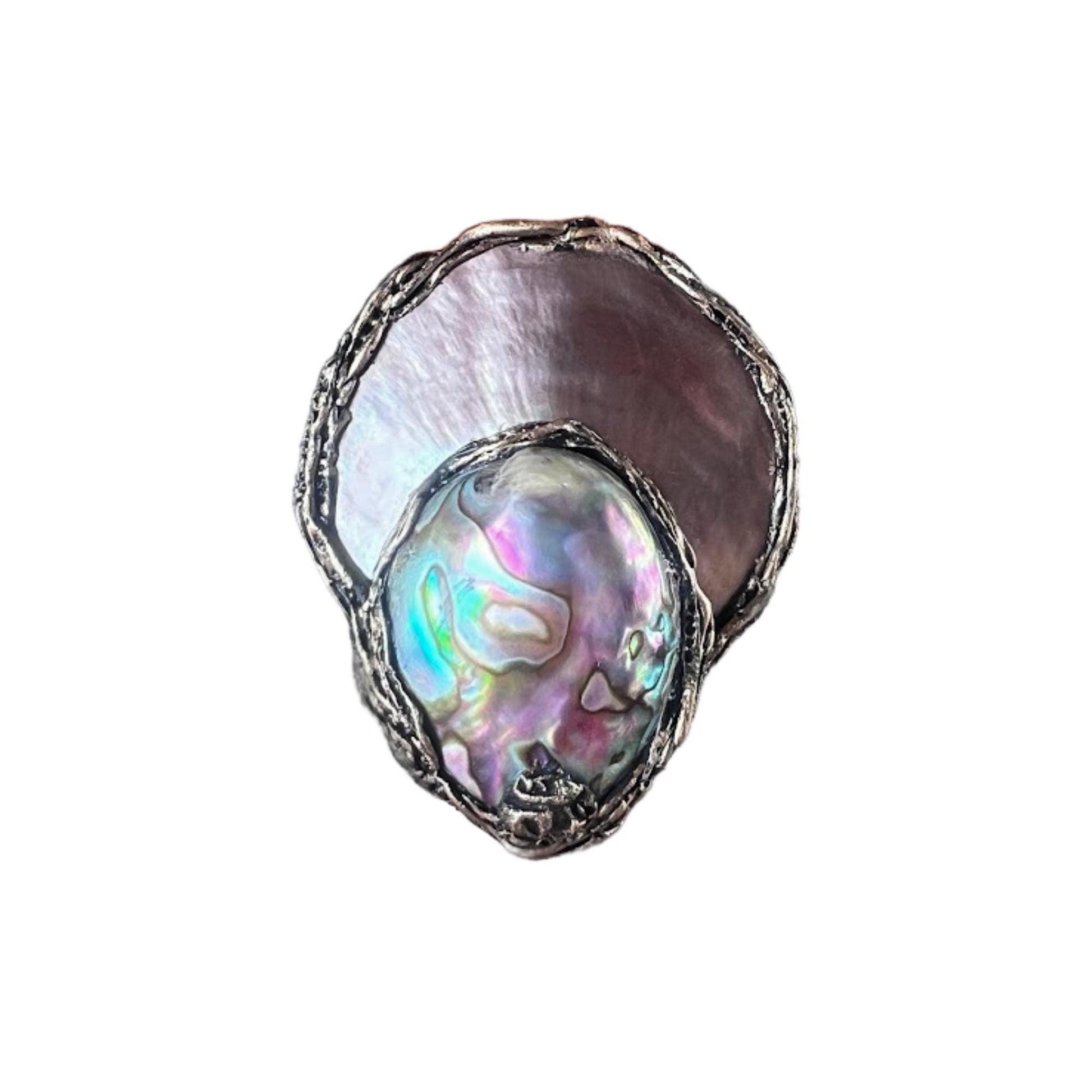 Huge Mother of Pearl and Abalone Ring: Bold Chunky Statement Jewelry