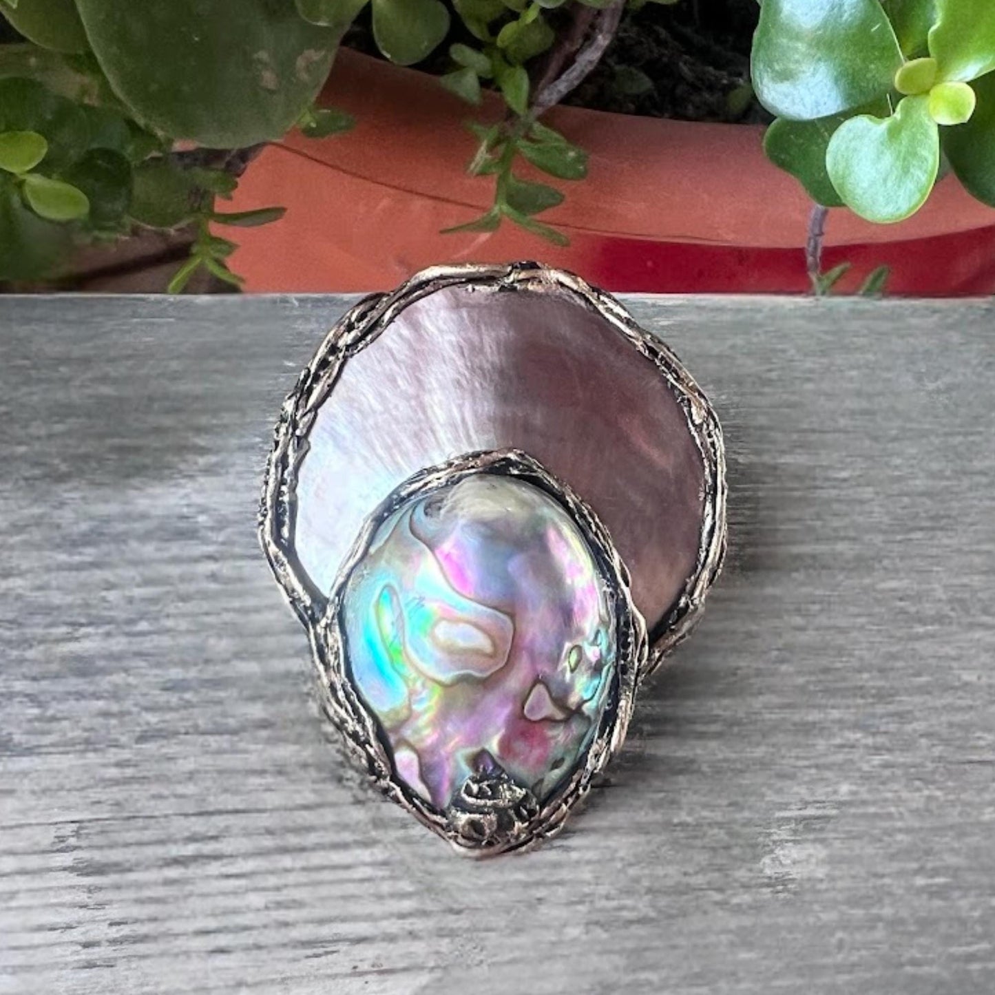 Huge Mother of Pearl and Abalone Ring: Bold Chunky Statement Jewelry