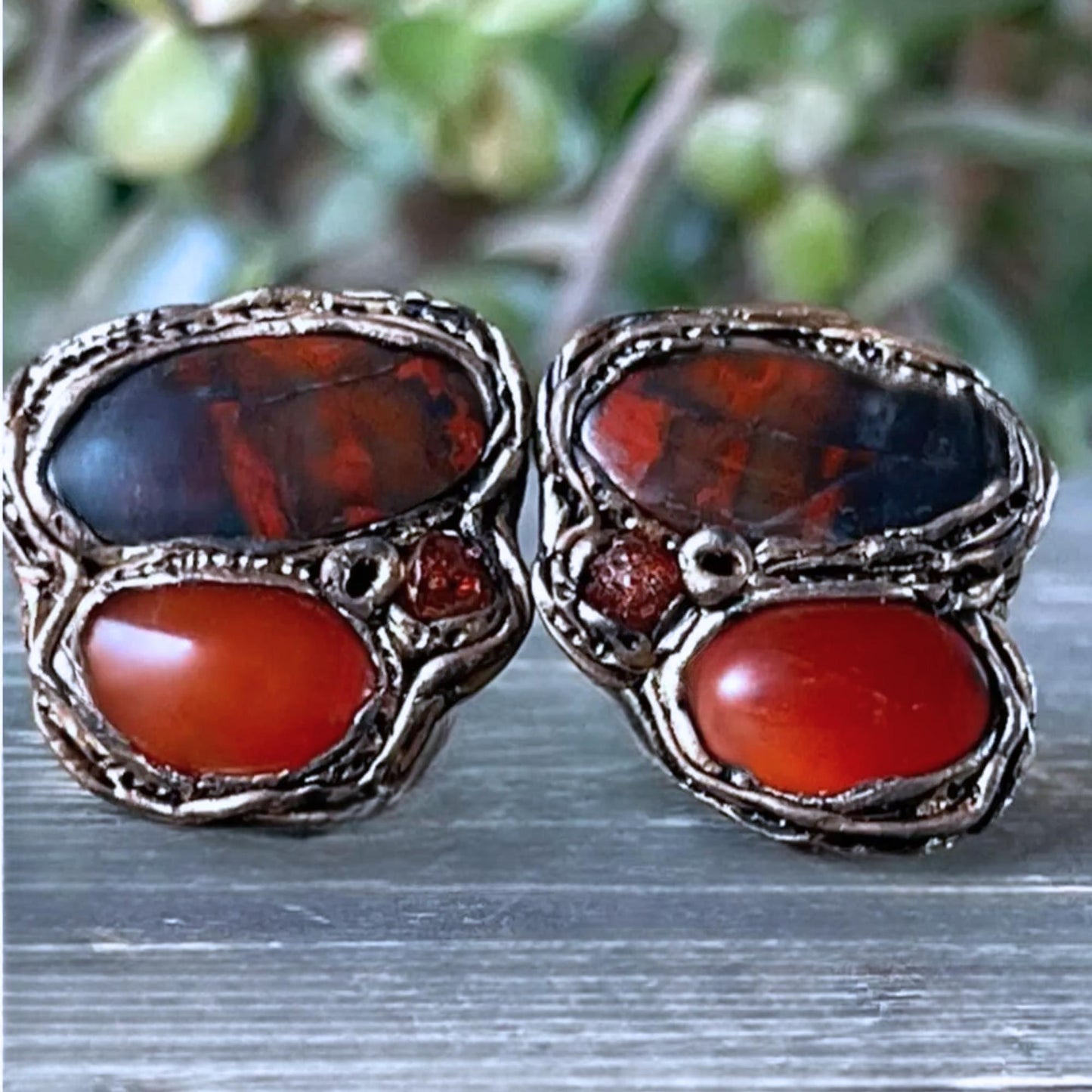 Carnelian and Jasper Statement Earrings -  Red Stone Clip-On Earrings