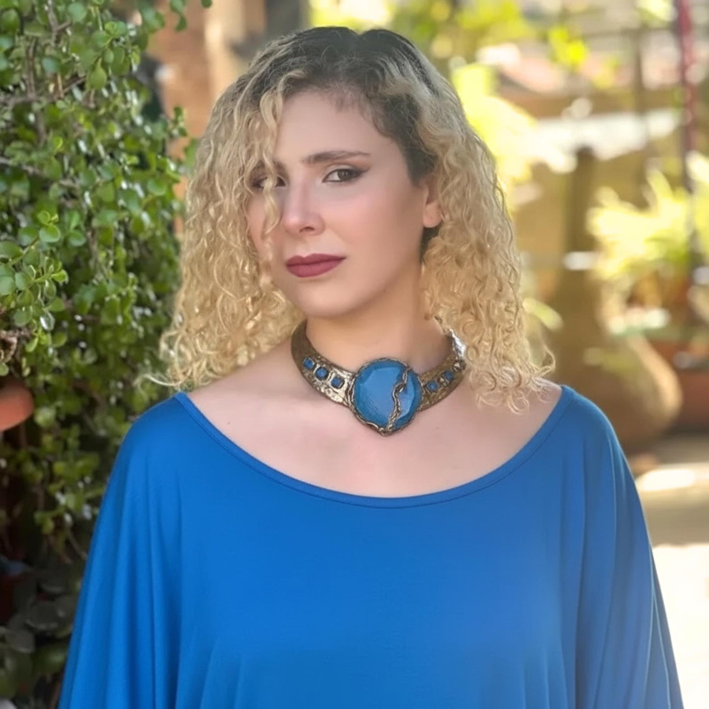 Blue Stone Choker Necklace -  Chunky Statement Collar Jewelry