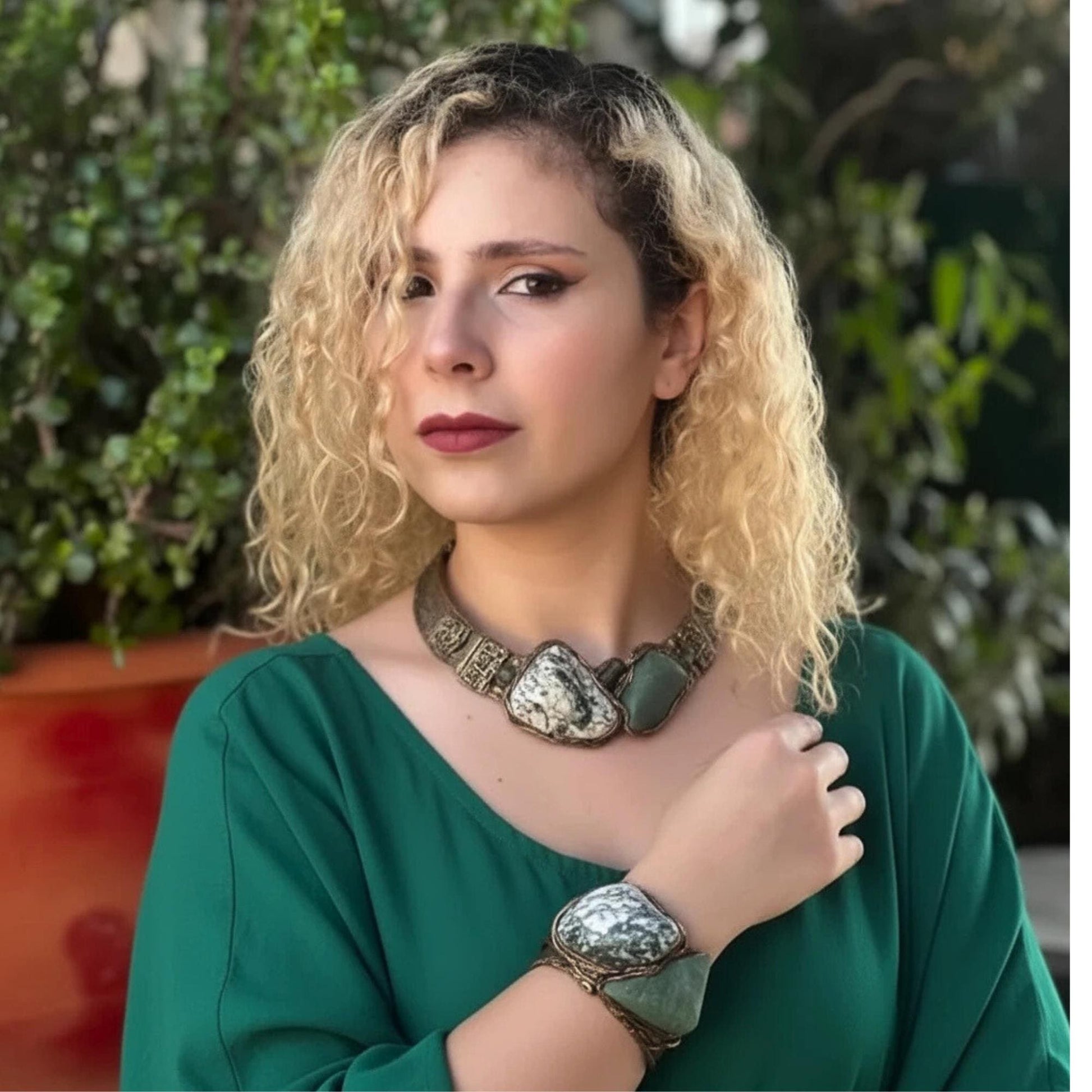 Aventurine and Tree Agate Statement Choker - Chunky Green Stone Necklace