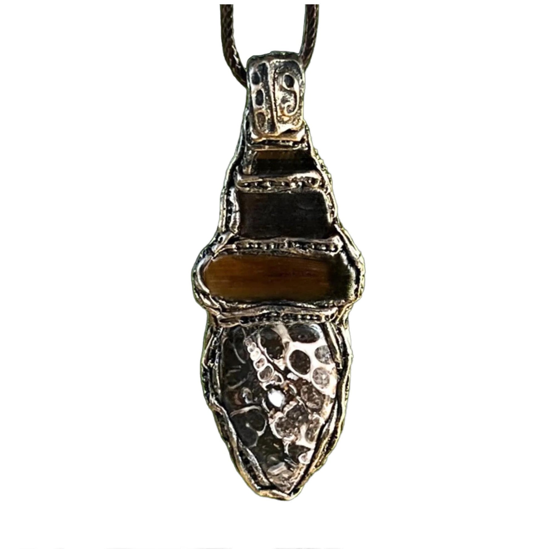 Turritella Agate and Smoky Quartz Pendant Necklace -  Business Success Crystal Amulet