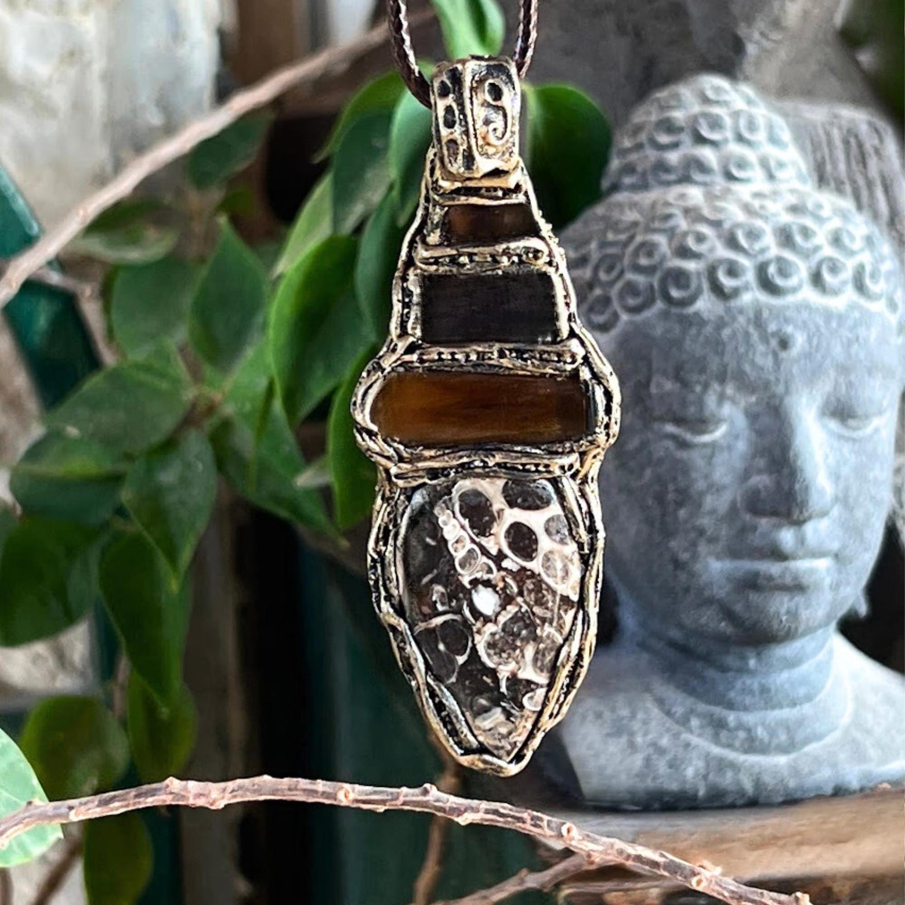 Turritella Agate and Smoky Quartz Pendant Necklace -  Business Success Crystal Amulet
