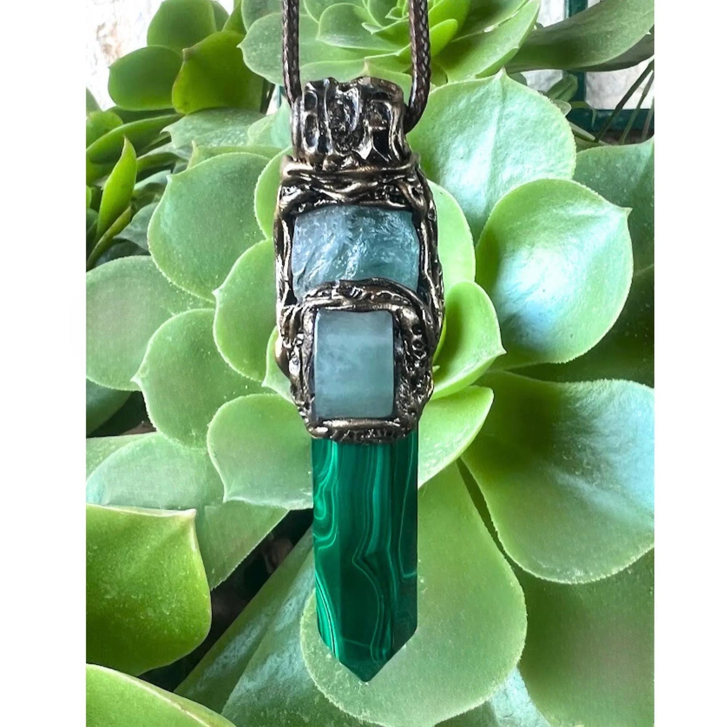 Malachite Aventurine and Fluorite Necklace -  Green Crystal Point Pendant Amulet