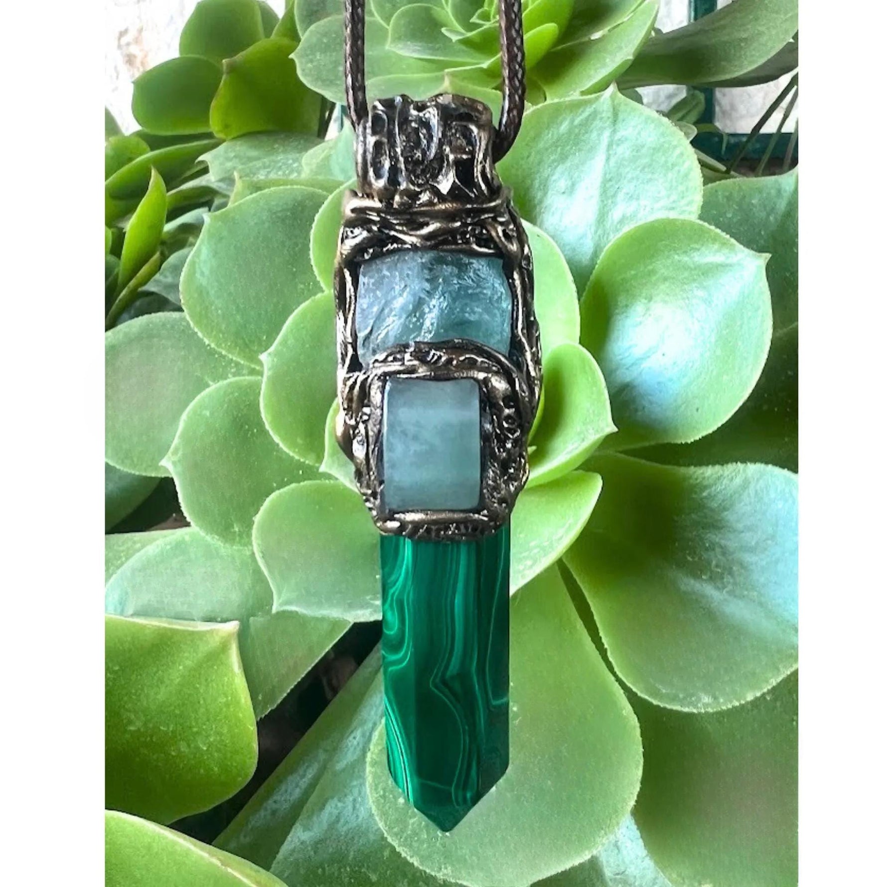 Malachite Aventurine and Fluorite Necklace -  Green Crystal Point Pendant Amulet