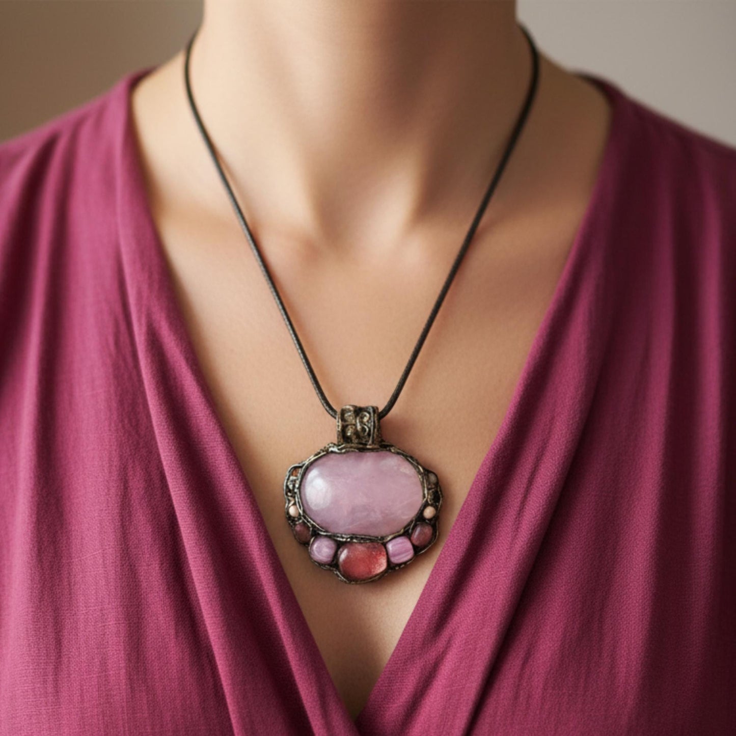 Rose Quartz and Cherry Quartz Necklace: Handmade Pink Stone Pendant