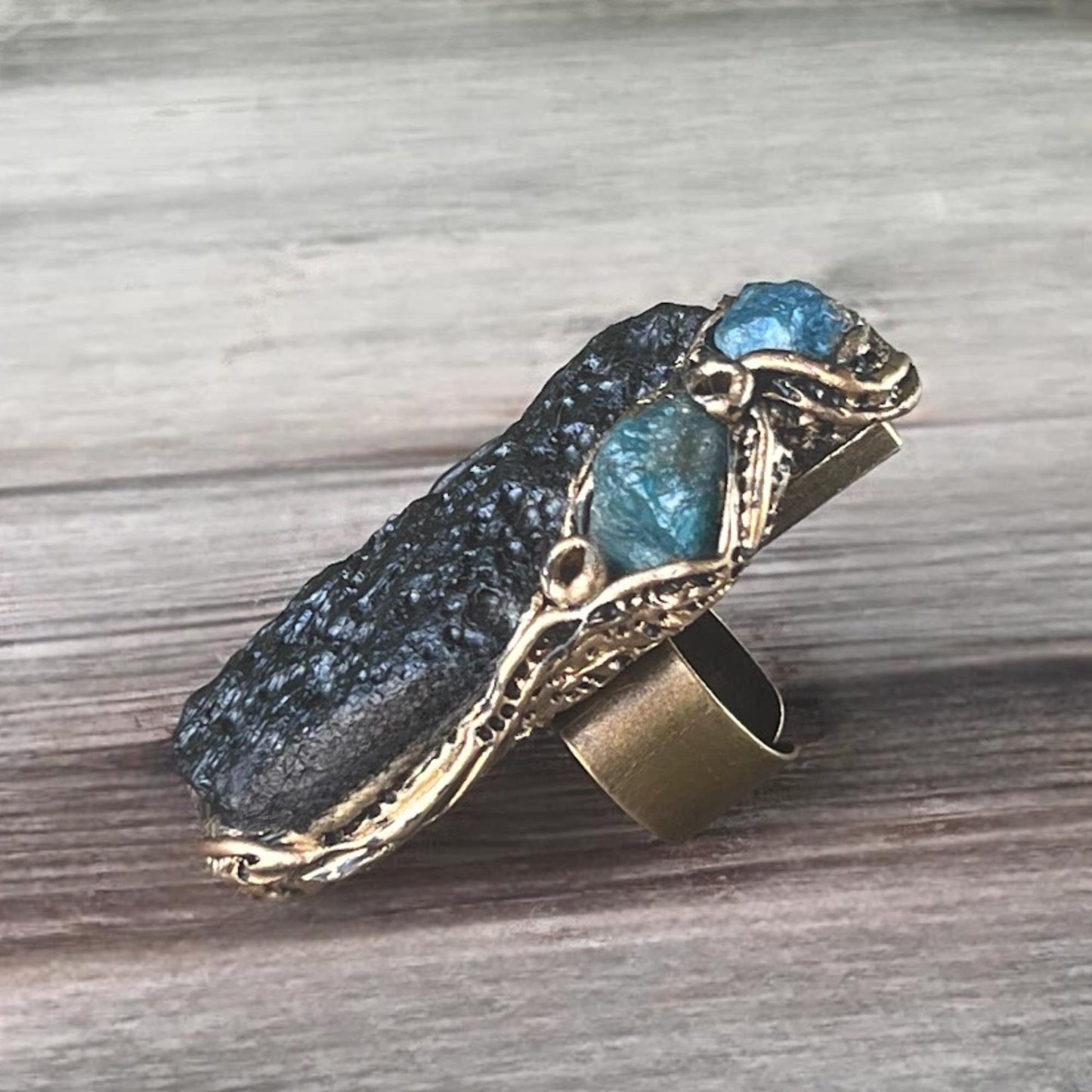 Meteorite Tektite and Apatite Raw Stone Full Finger Ring