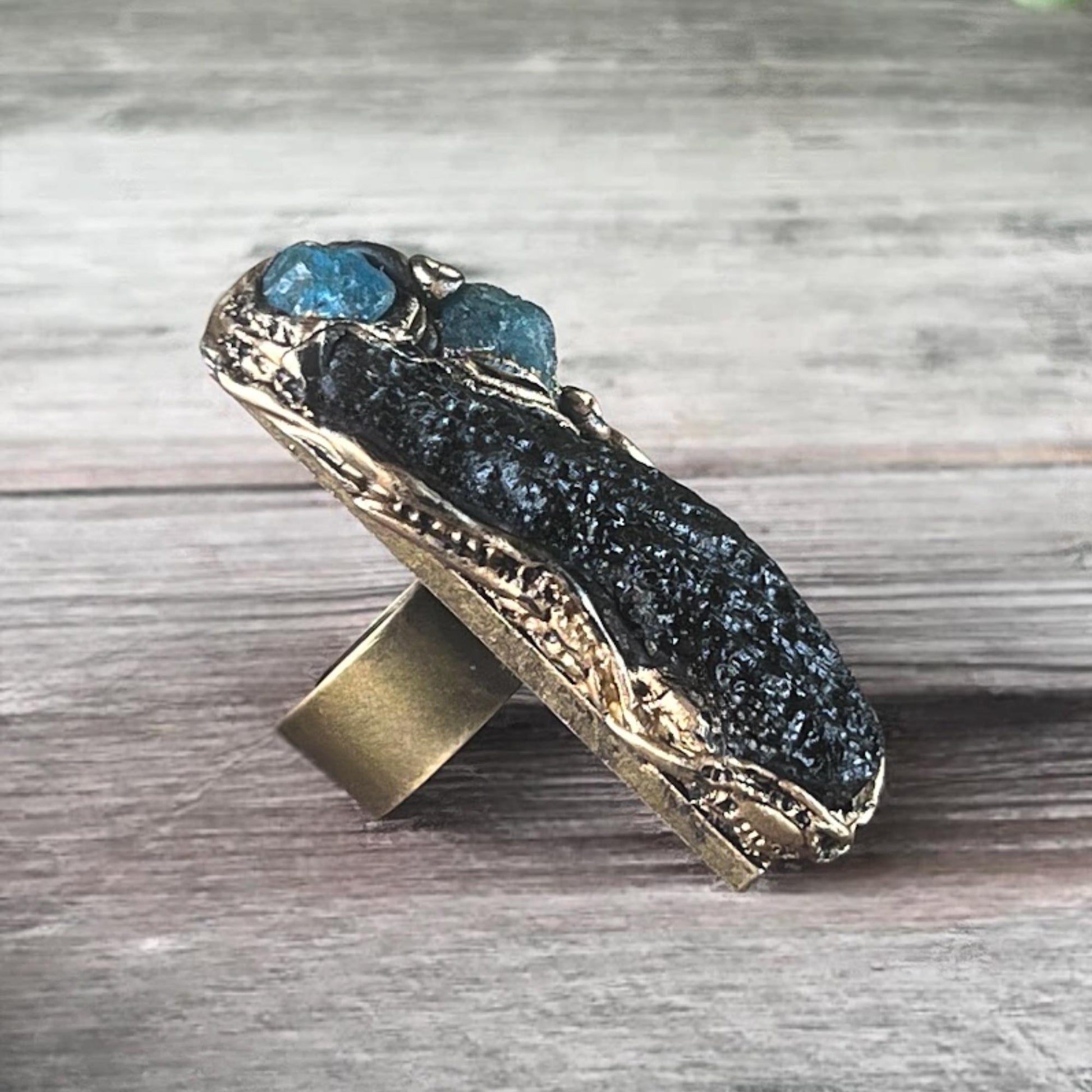 Meteorite Tektite and Apatite Raw Stone Full Finger Ring