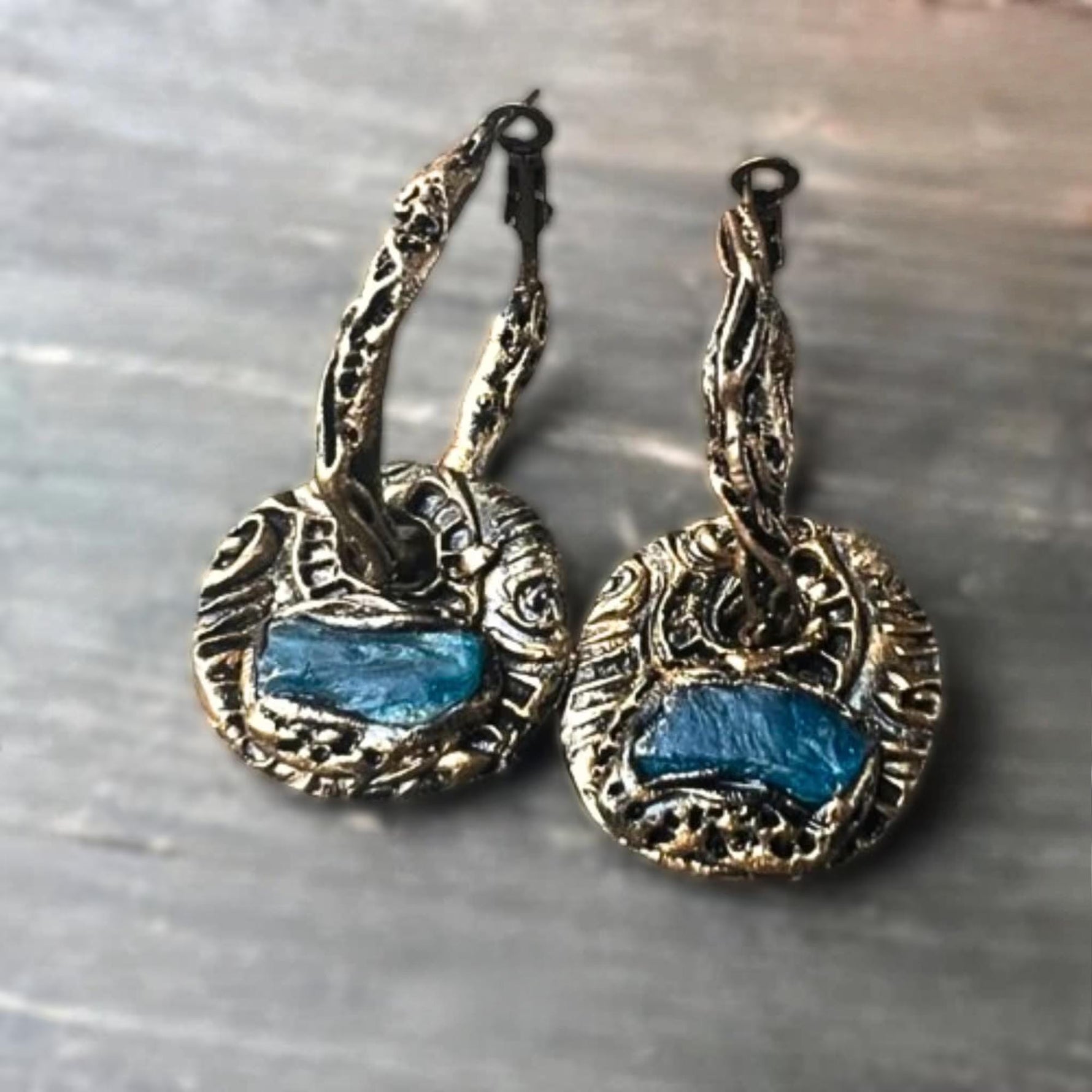 Blue Apatite Hoop Earrings -  Raw Crystal Charm Earrings