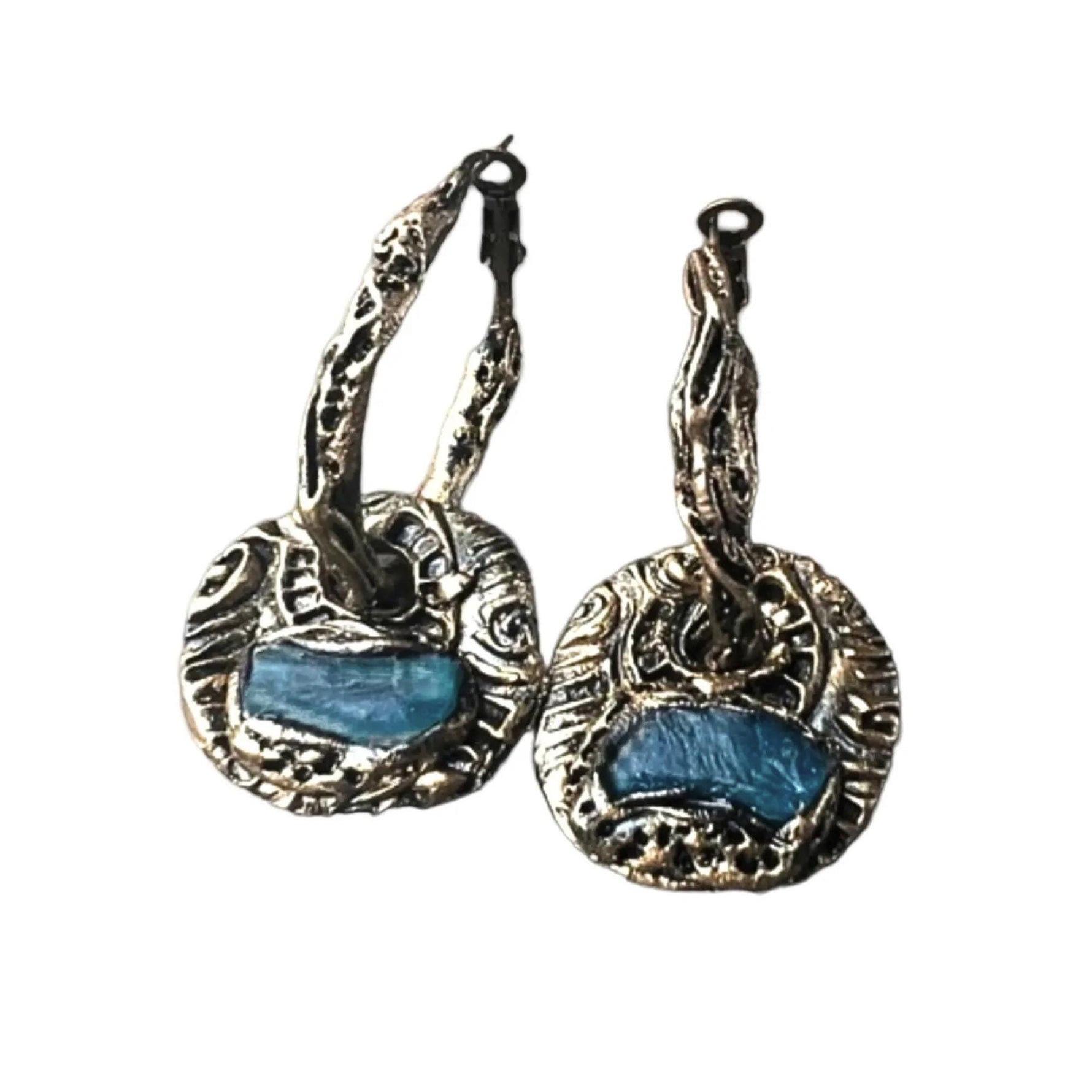Blue Apatite Hoop Earrings -  Raw Crystal Charm Earrings