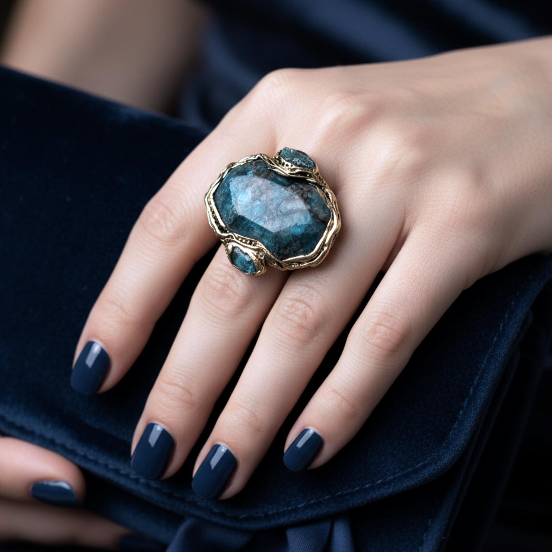 Apatite Raw Crystal Chunky Ring, Blue Stone Cocktail Ring