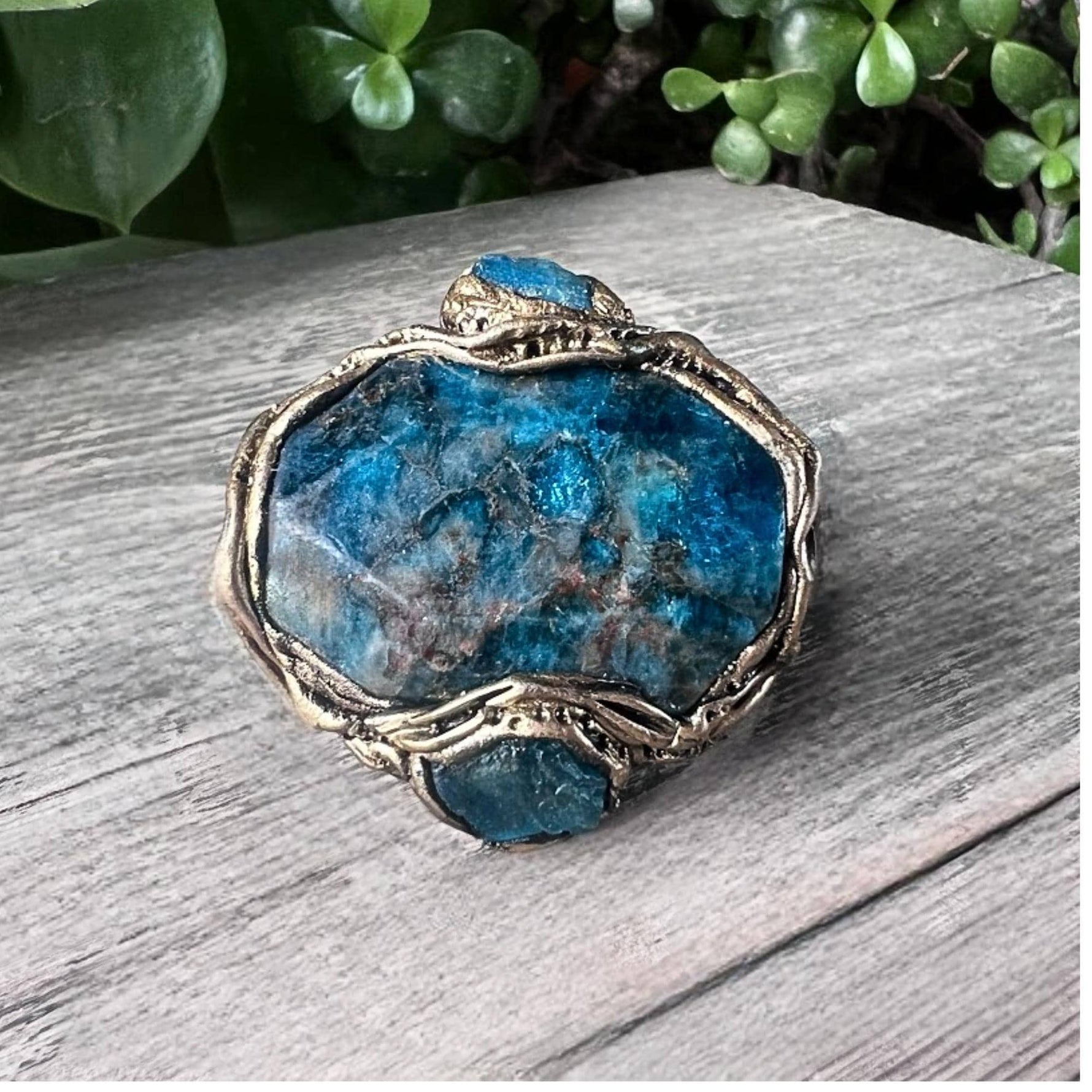 Apatite Raw Crystal Chunky Ring, Blue Stone Cocktail Ring
