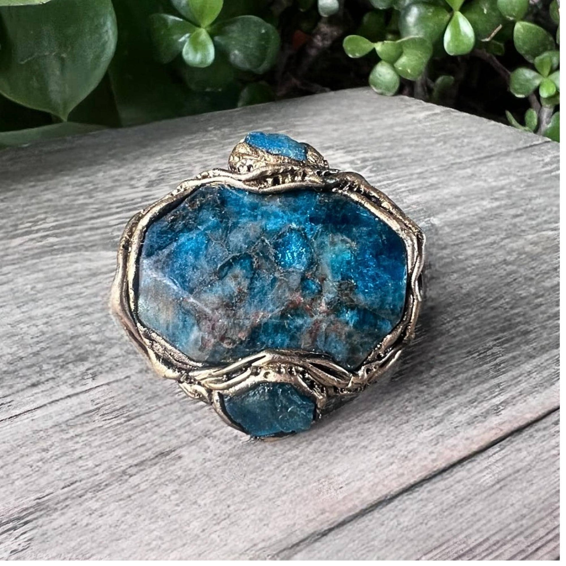 Apatite Raw Crystal Chunky Ring, Blue Stone Cocktail Ring