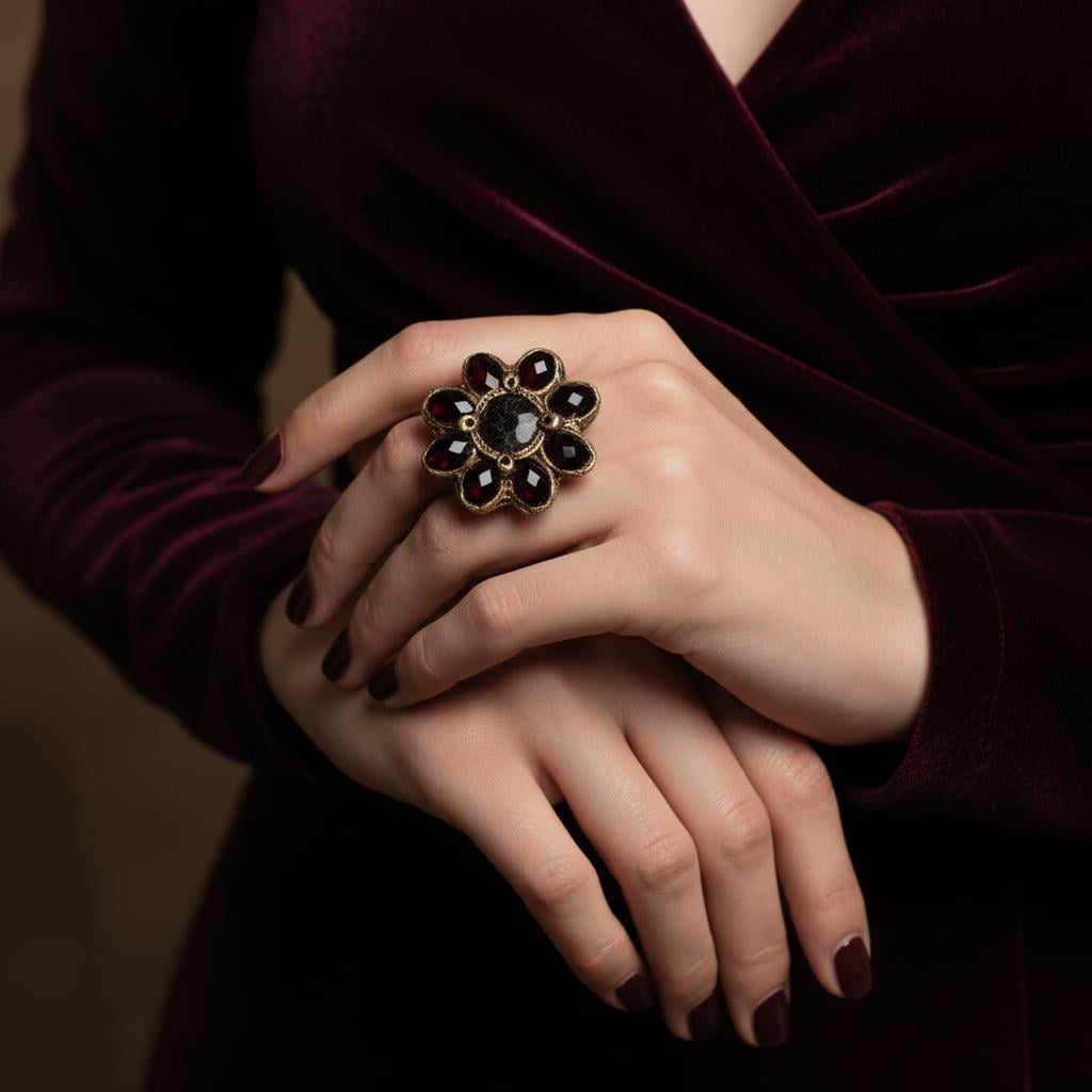 Garnet Statement Ring – Chunky Flower Crystal Cocktail Ring