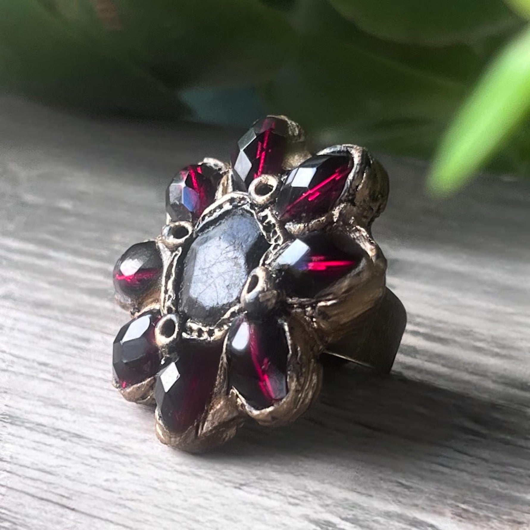 Garnet Statement Ring – Chunky Flower Crystal Cocktail Ring
