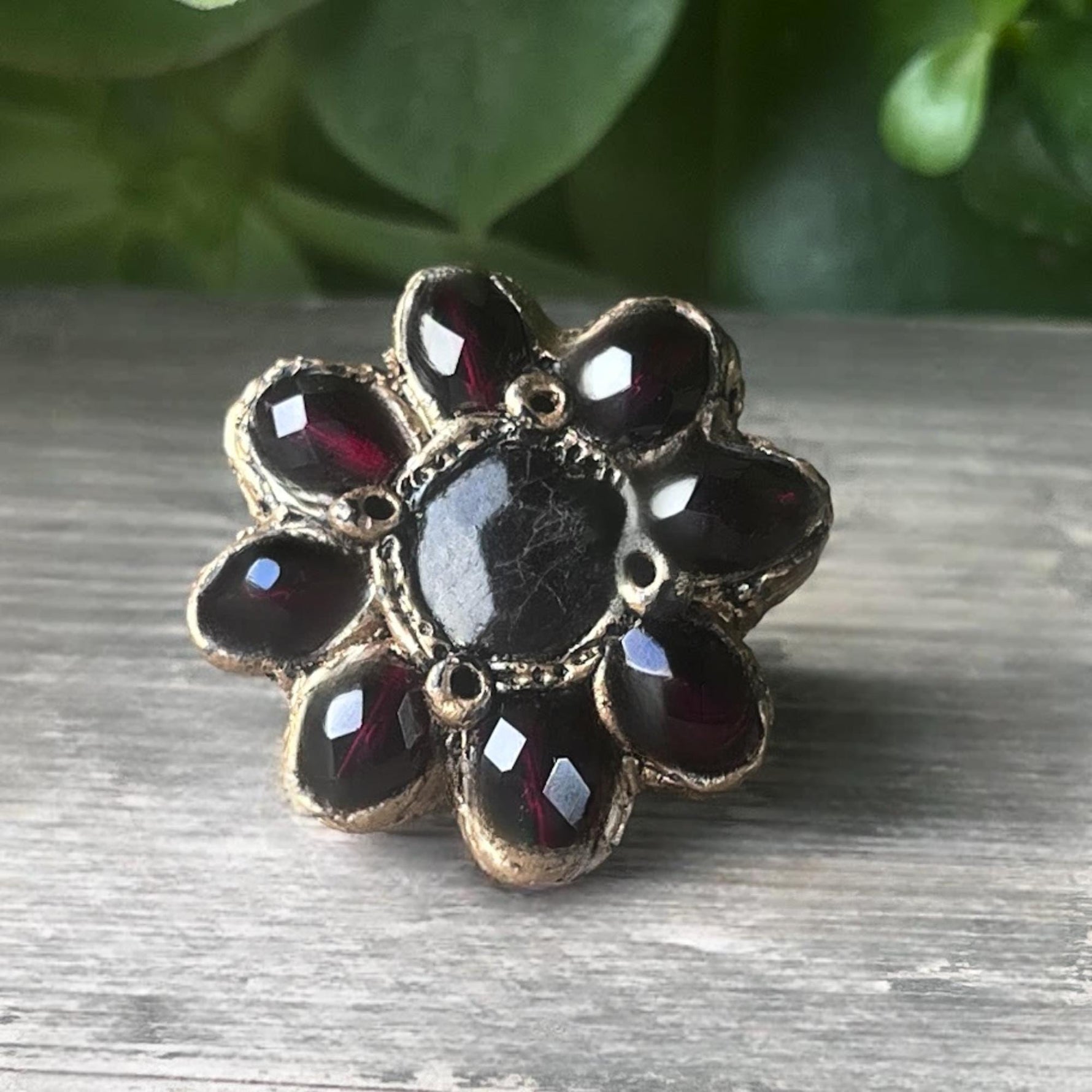 Garnet Statement Ring – Chunky Flower Crystal Cocktail Ring