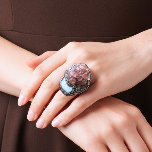 Large Aragonite and Moonstone Ring -  Chunky Raw Crystal Oversized Statement Ring