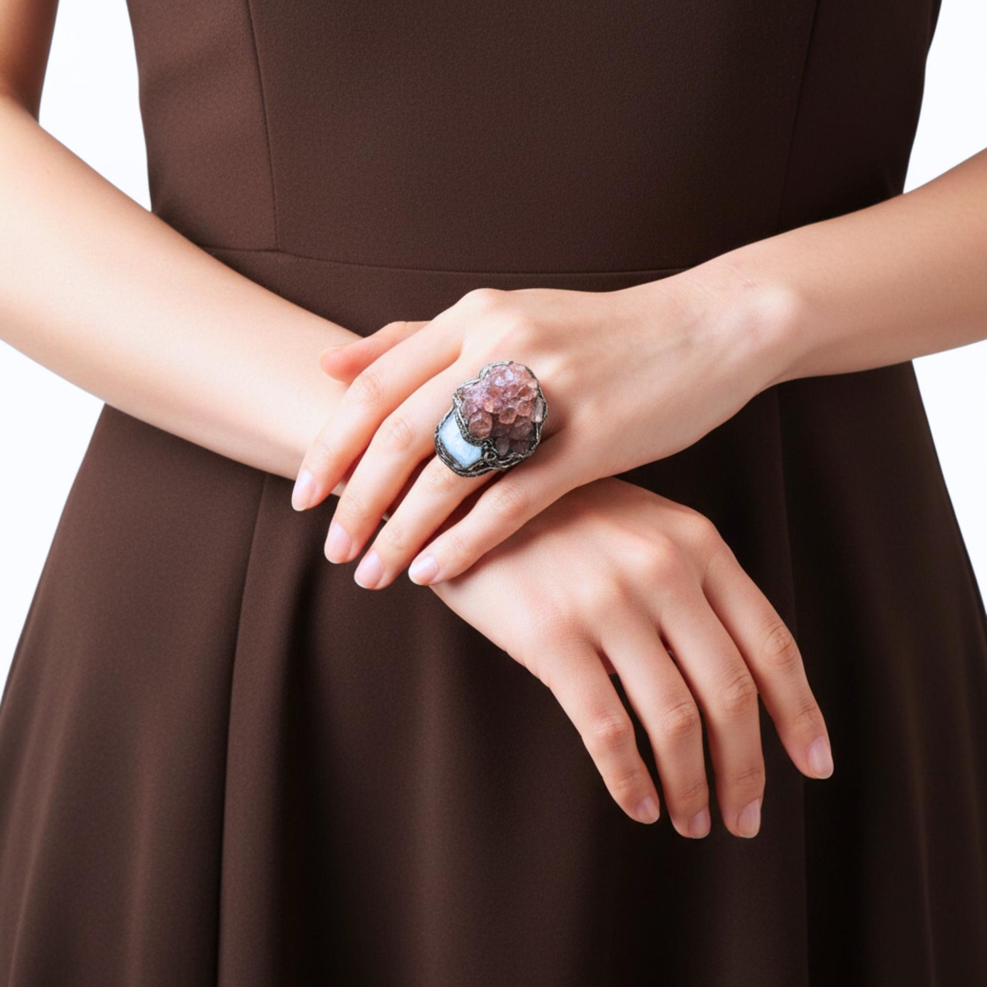 Large Aragonite and Moonstone Ring -  Chunky Raw Crystal Oversized Statement Ring