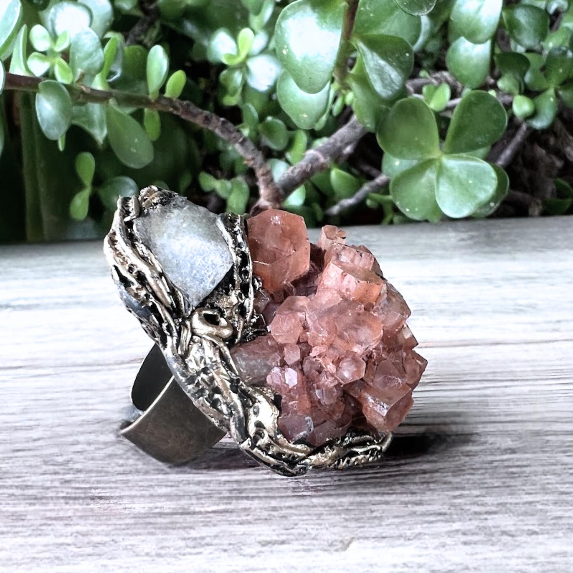 Large Aragonite and Moonstone Ring -  Chunky Raw Crystal Oversized Statement Ring