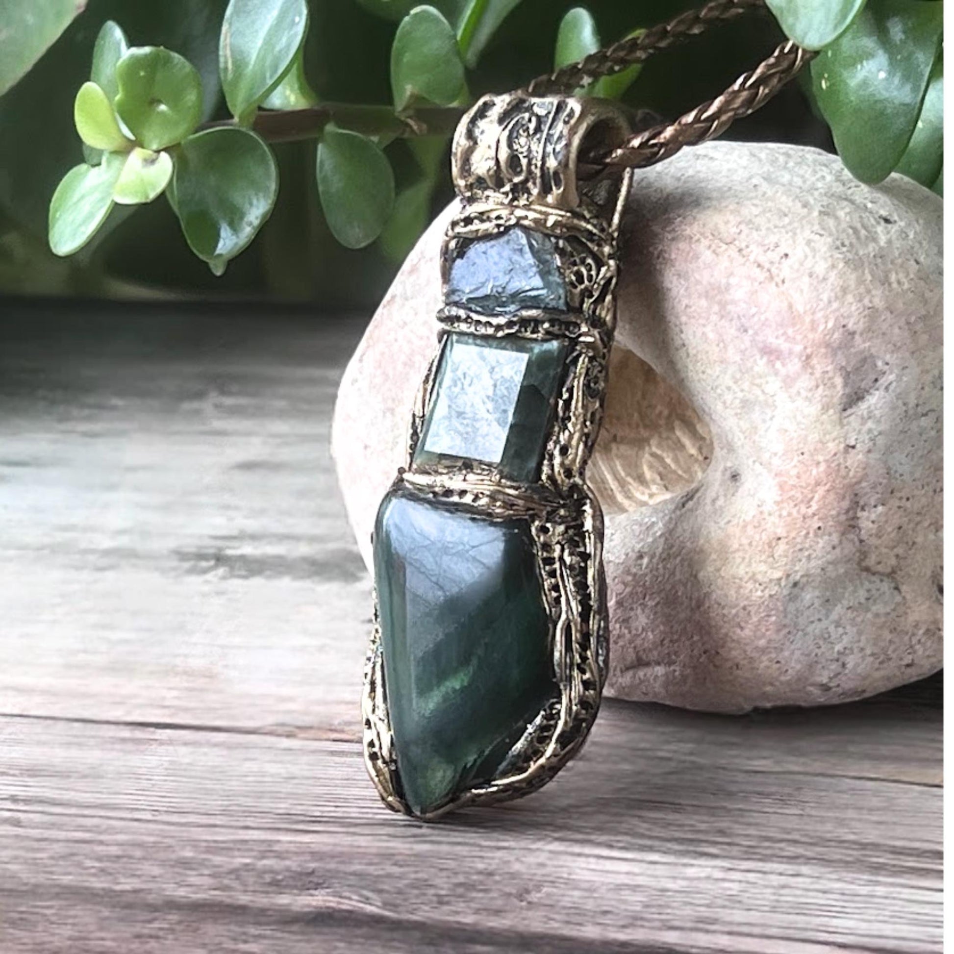 Seraphinite Amulet Pendant Necklace with Jade and Apatite - Green Healing Spiritual Jewelry