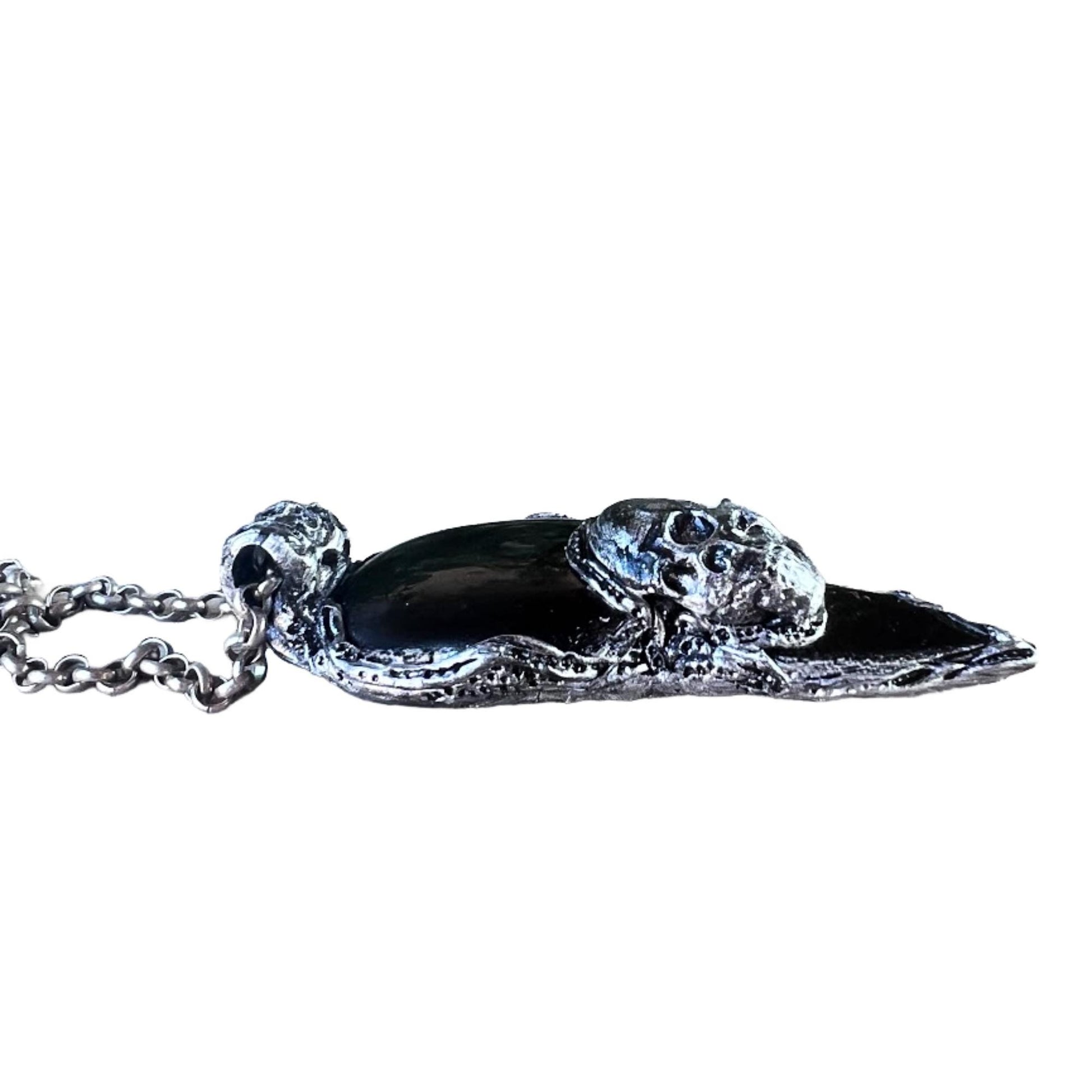 Onyx and Obsidian Arrow Skull Pendant Necklace -  Gothic Protection Amulet