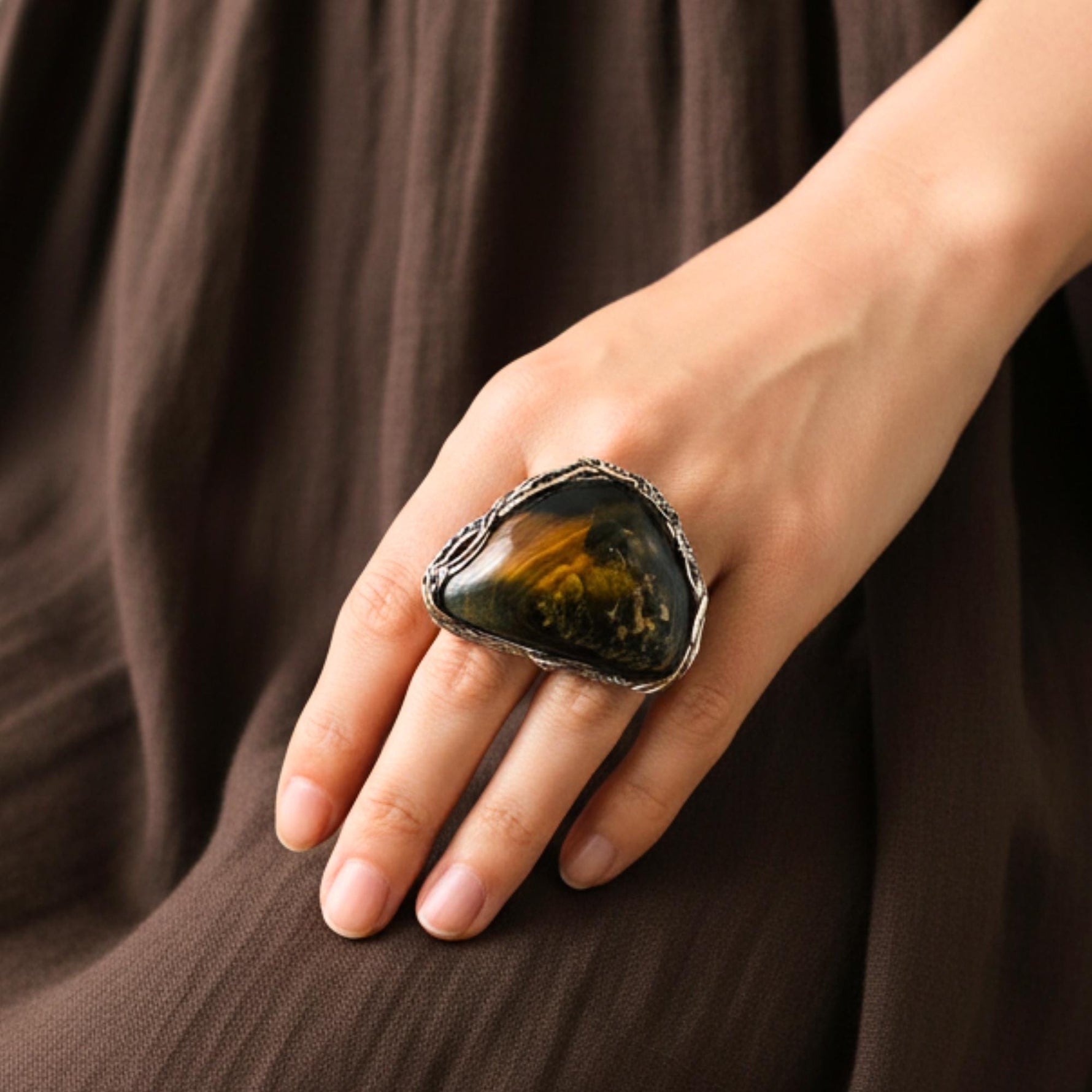 Tiger Eye Brown Chunky Stone Ring - Bold Oversized Cocktail Ring