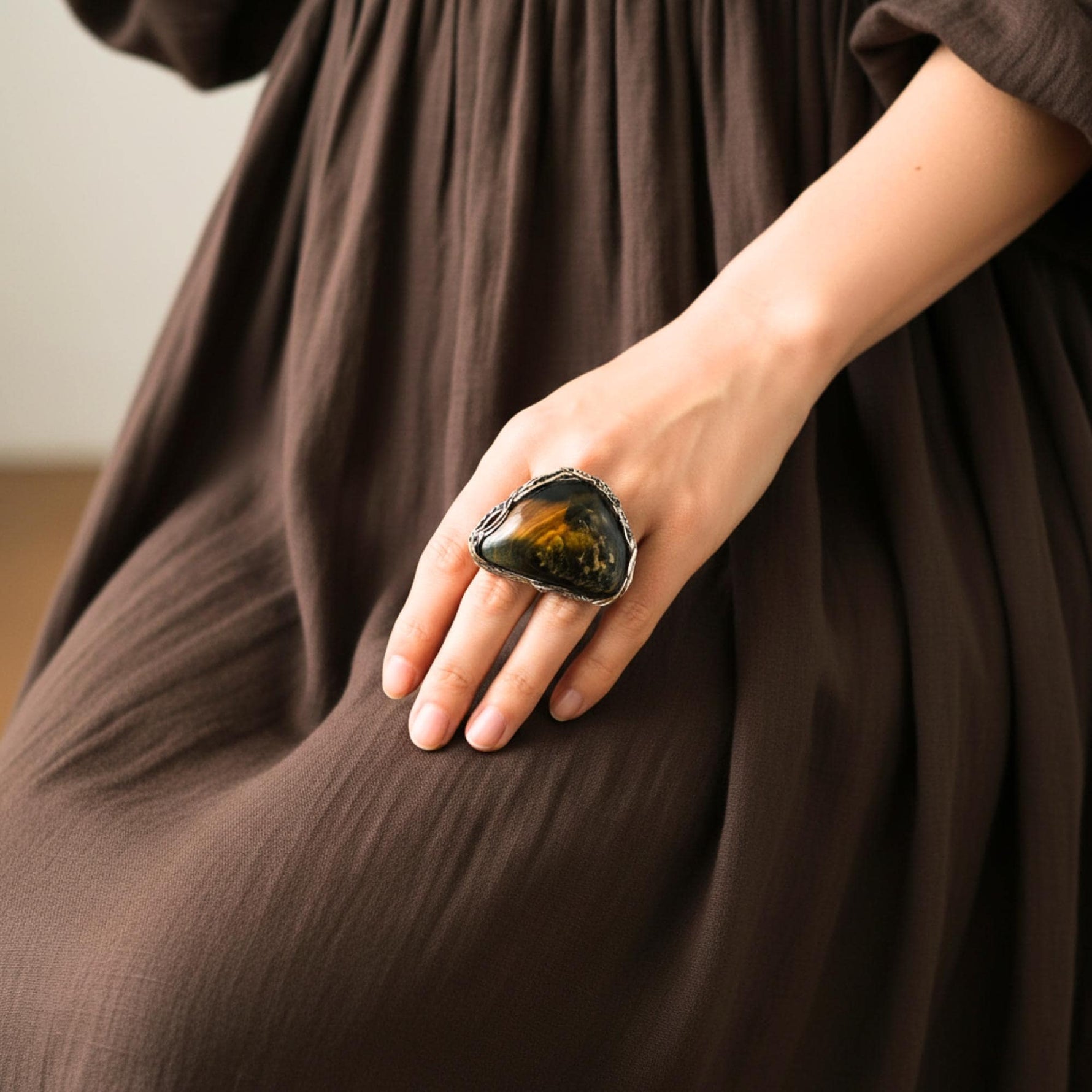 Tiger Eye & Citrine Wide Cuff Bracelet: Chunky Stone Jewelry
