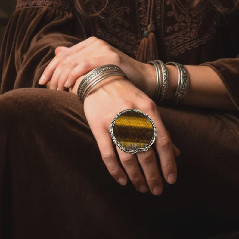 Tiger Eye & Citrine Wide Cuff Bracelet: Chunky Stone Jewelry