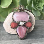 Rose Quartz and Peach Agate Pendant Necklace -  Pink Healing Stone Amulet