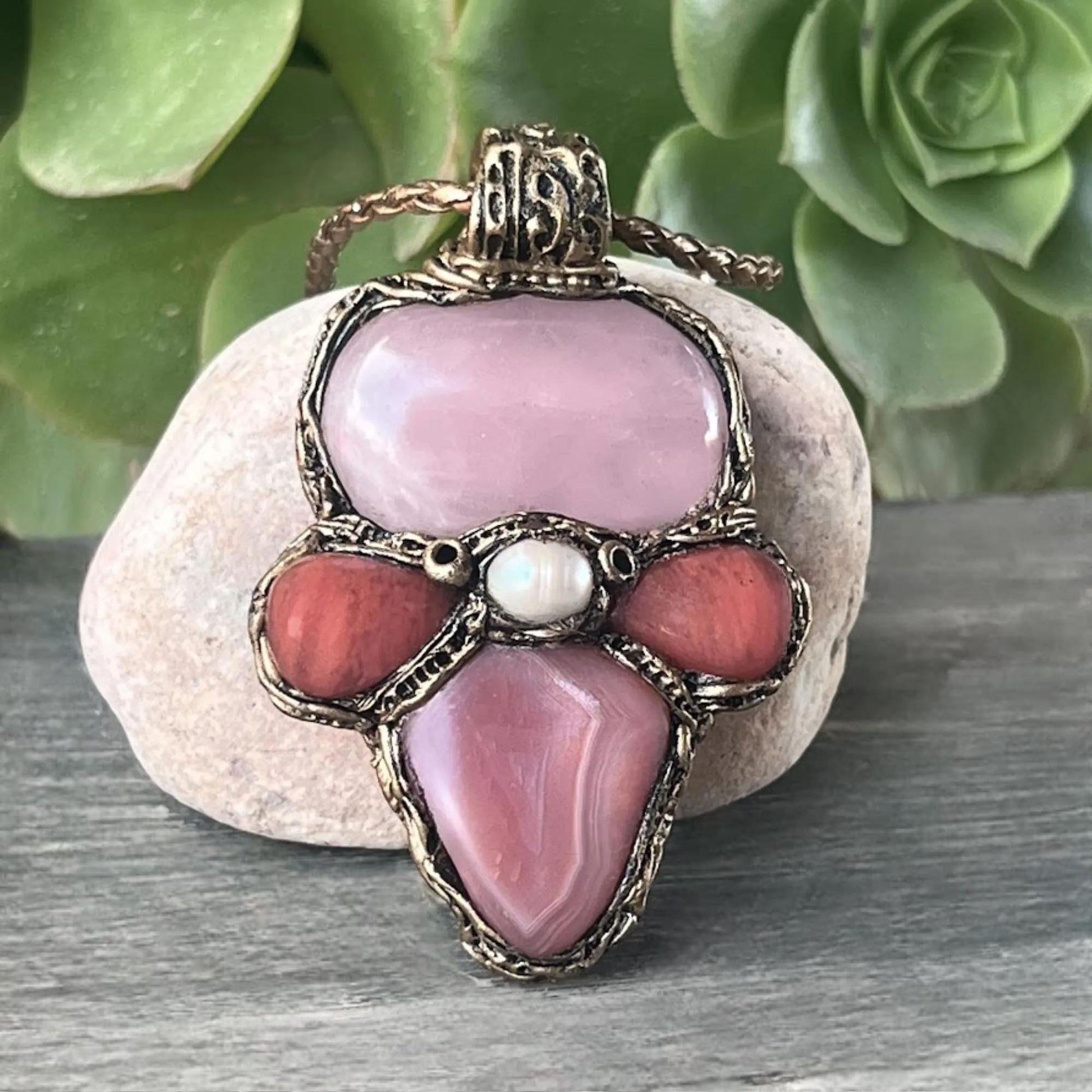 Rose Quartz and Peach Agate Pendant Necklace -  Pink Healing Stone Amulet