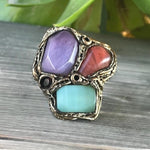 Chrysoprase Cherry Quartz and Chalcedony Statement Ring -  Oversized Chunky Cocktail Ring