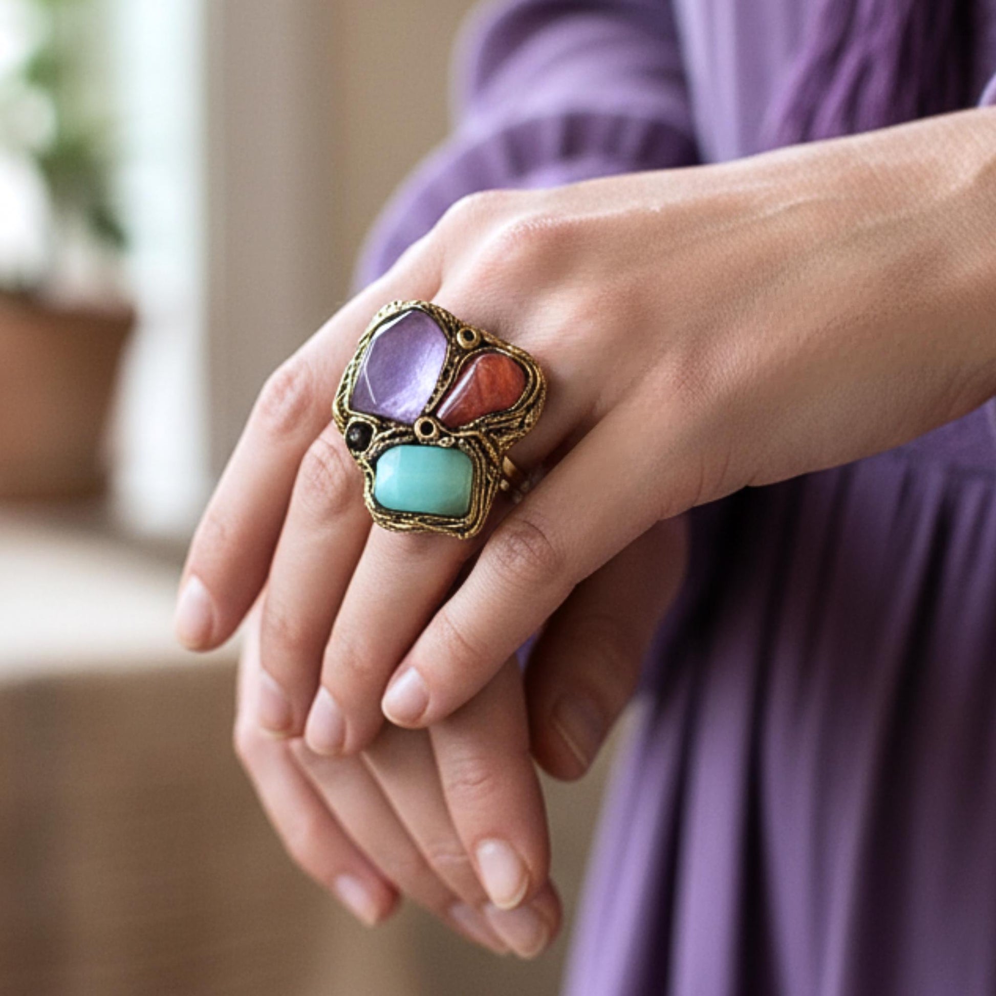 Chrysoprase Cherry Quartz and Chalcedony Statement Ring -  Oversized Chunky Cocktail Ring