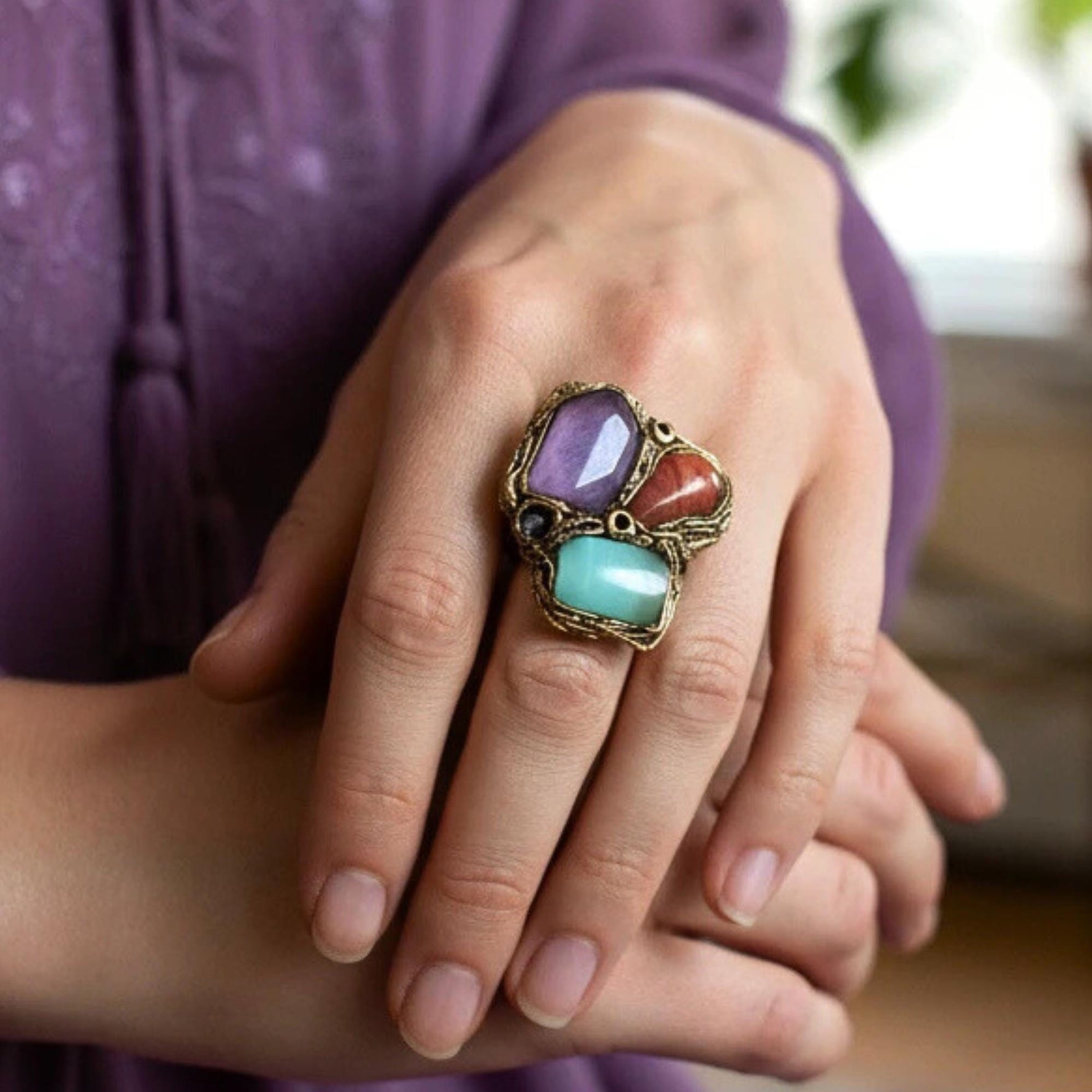 Chrysoprase Cherry Quartz and Chalcedony Statement Ring -  Oversized Chunky Cocktail Ring