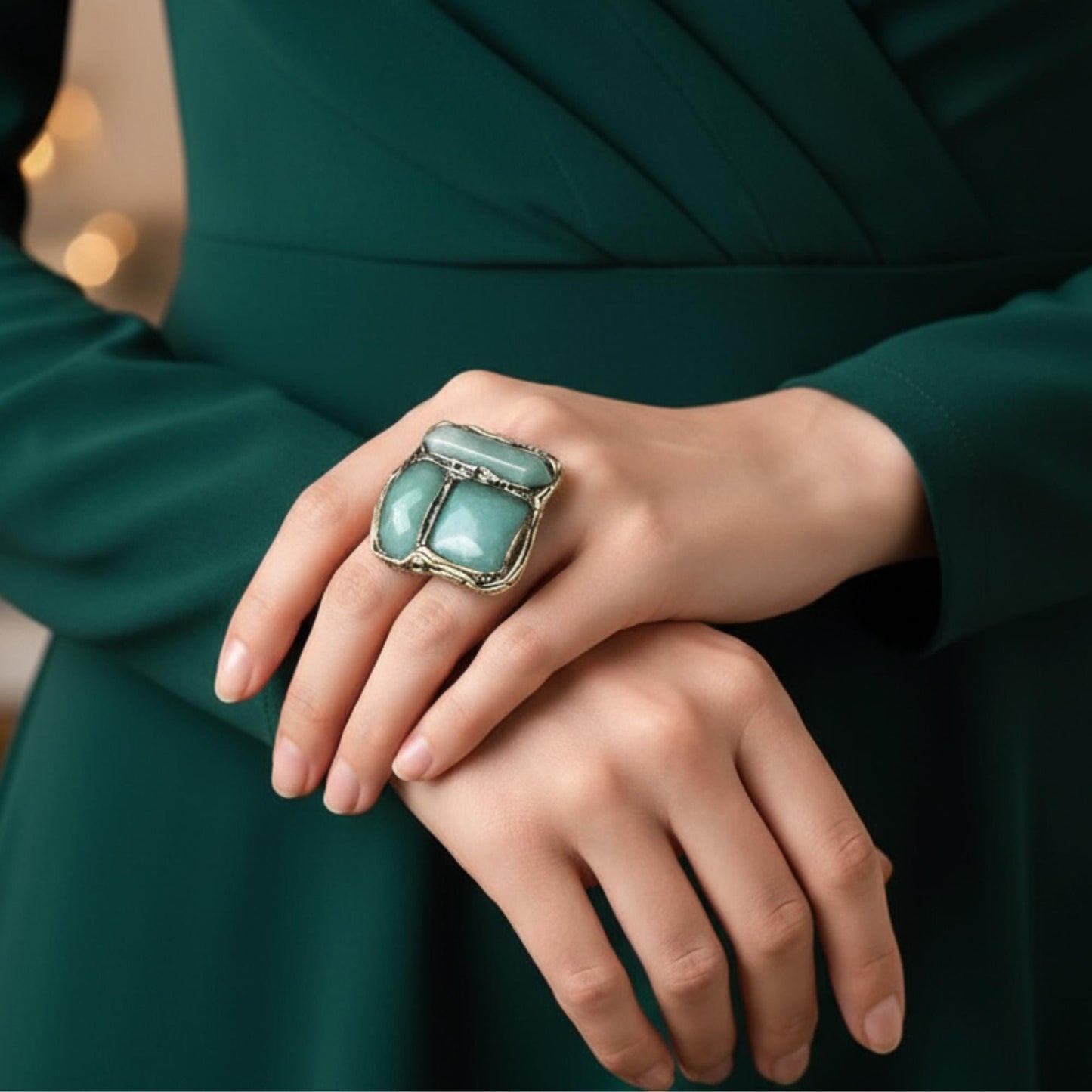 Green Aventurine Statement Ring -  Oversized Chunky Stone Cocktail Ring