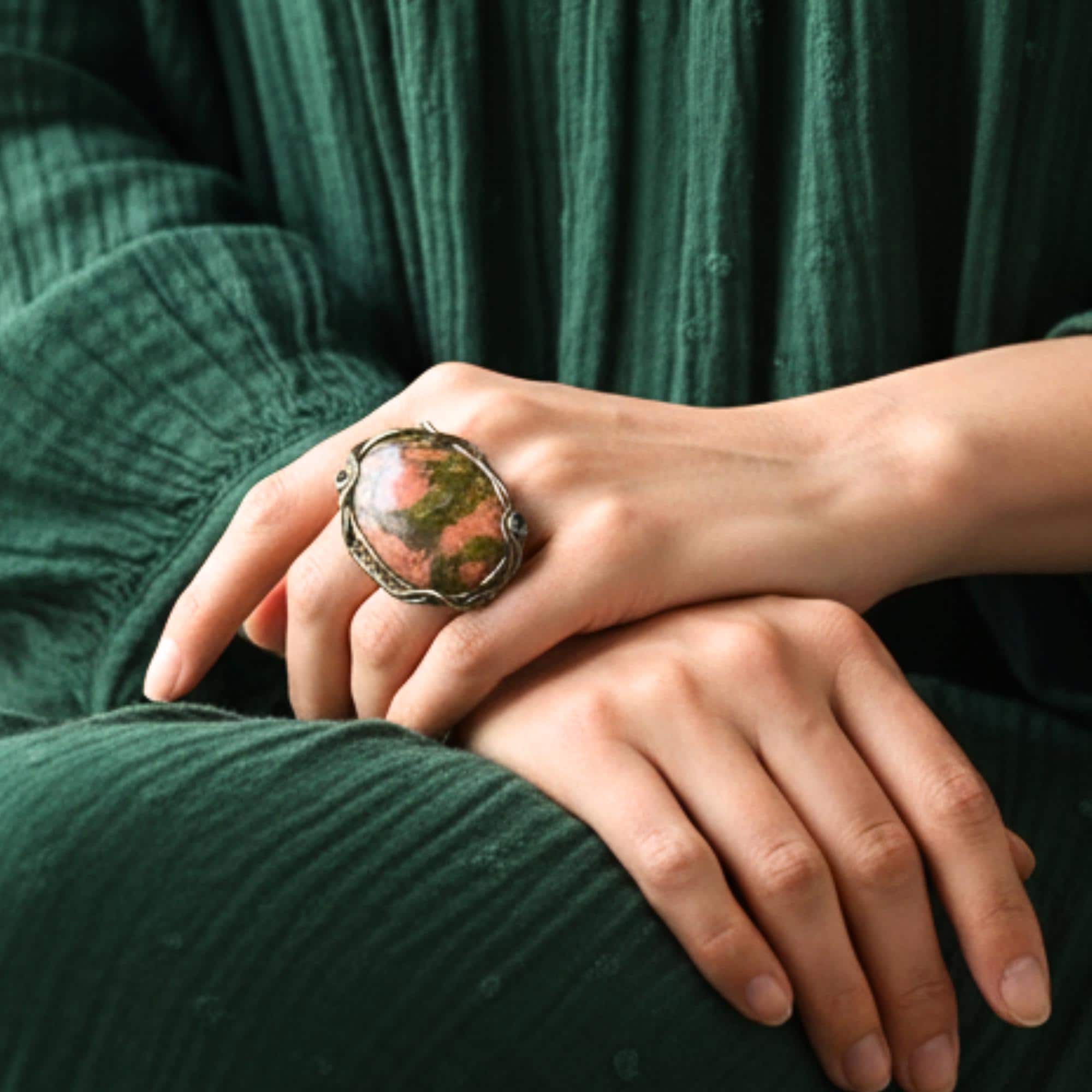 Chunky Unakite Ring - Oval Pink and Green Cocktail Statement Ring
